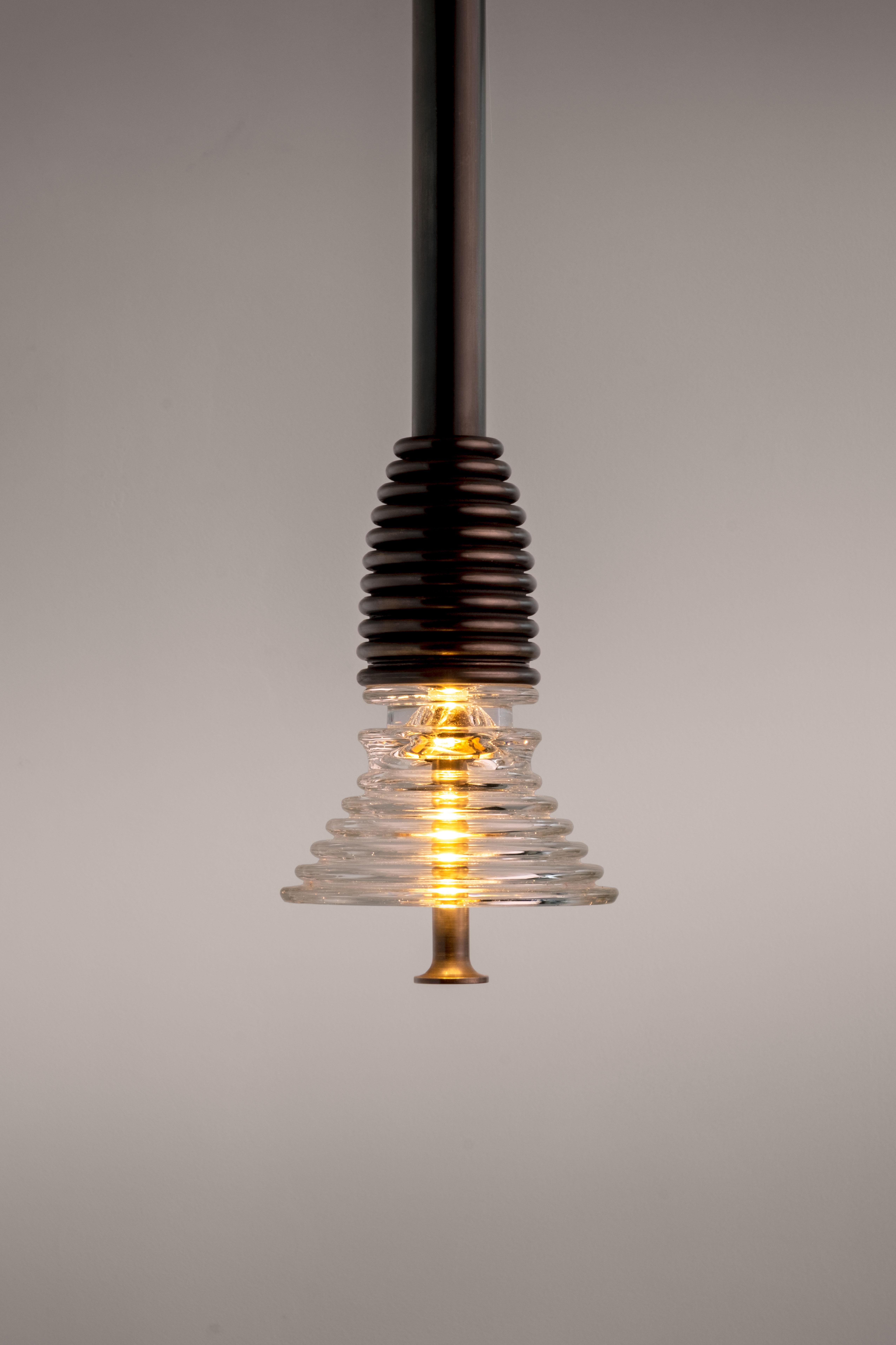Insulator A Clear Glass and Dark Brass Pendant Light by Novocastrian In New Condition For Sale In Geneve, CH