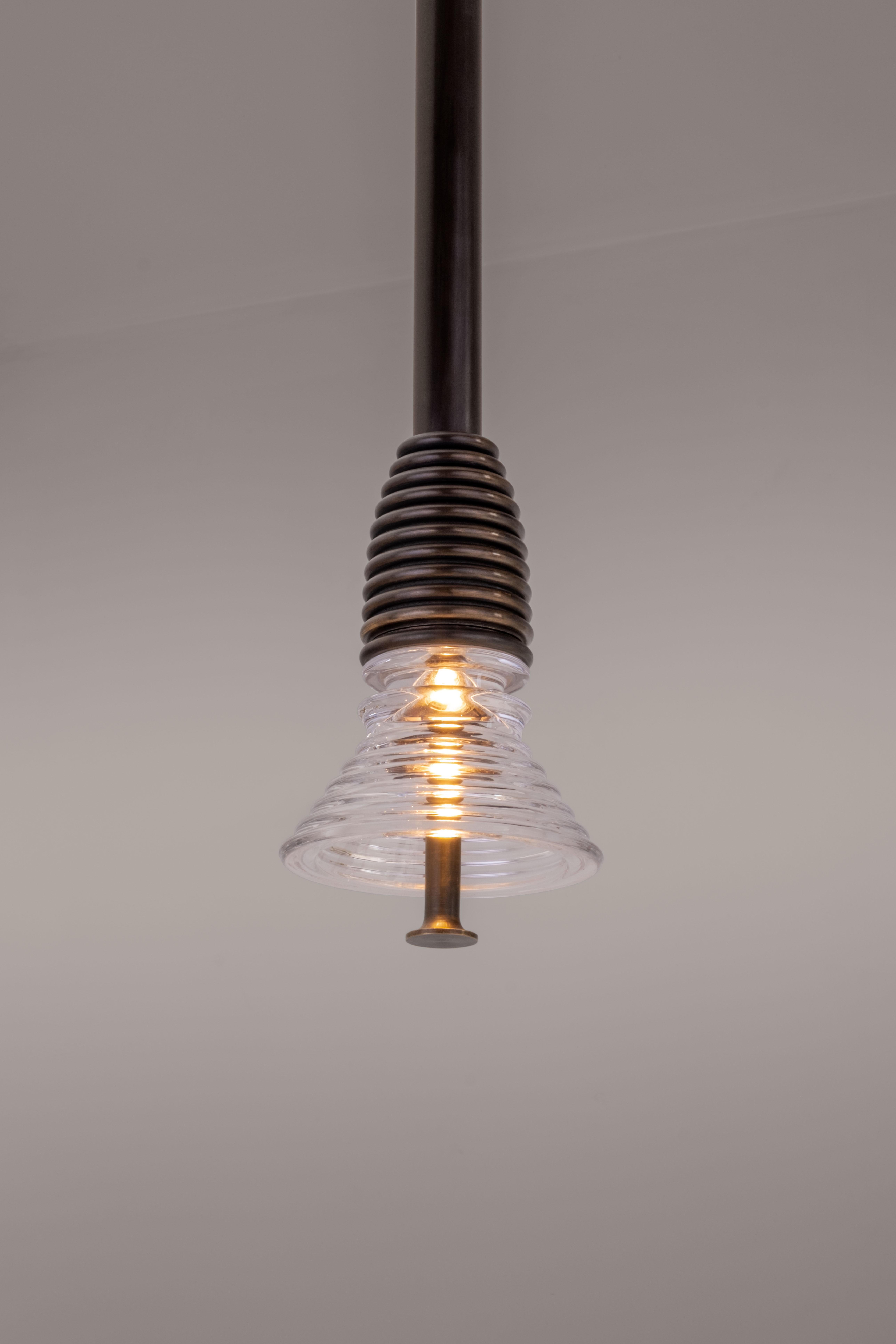 Contemporary Insulator A Clear Glass and Dark Brass Pendant Light by Novocastrian For Sale