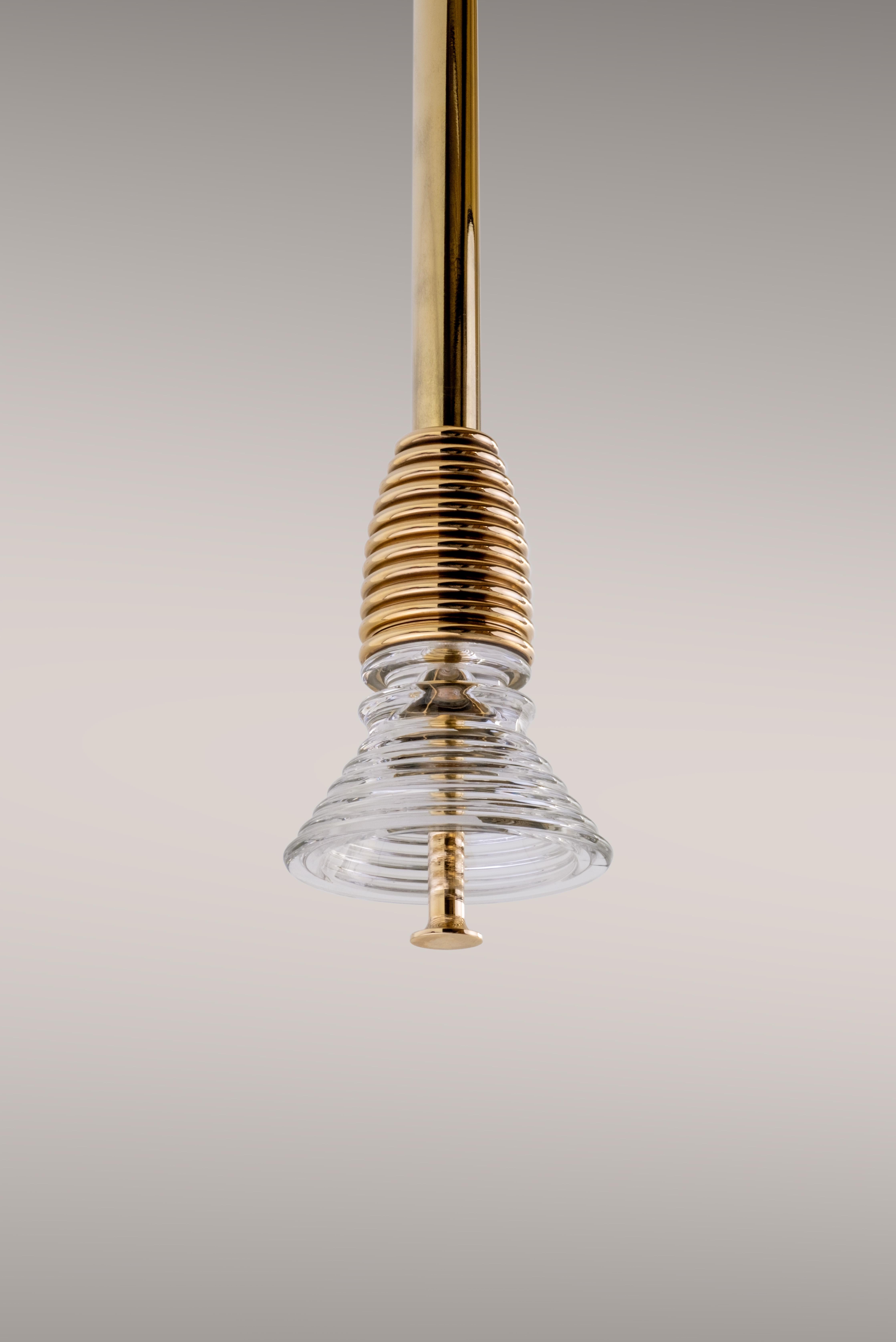 Modern Insulator A Clear Glass and Polished Brass Pendant Light by Novocastrian For Sale