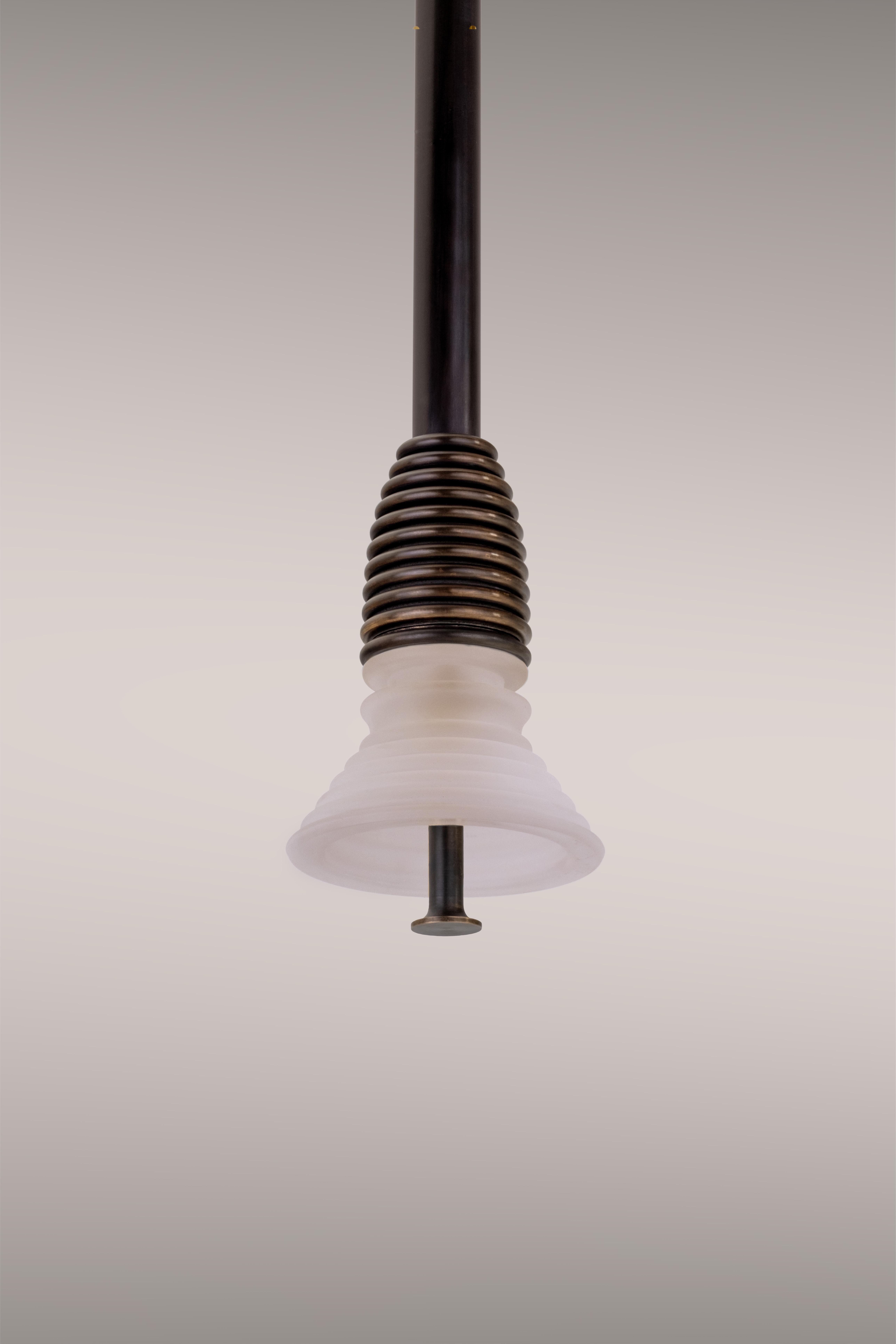 English Insulator A Frosted Glass and Dark Brass Pendant Light by Novocastrian For Sale