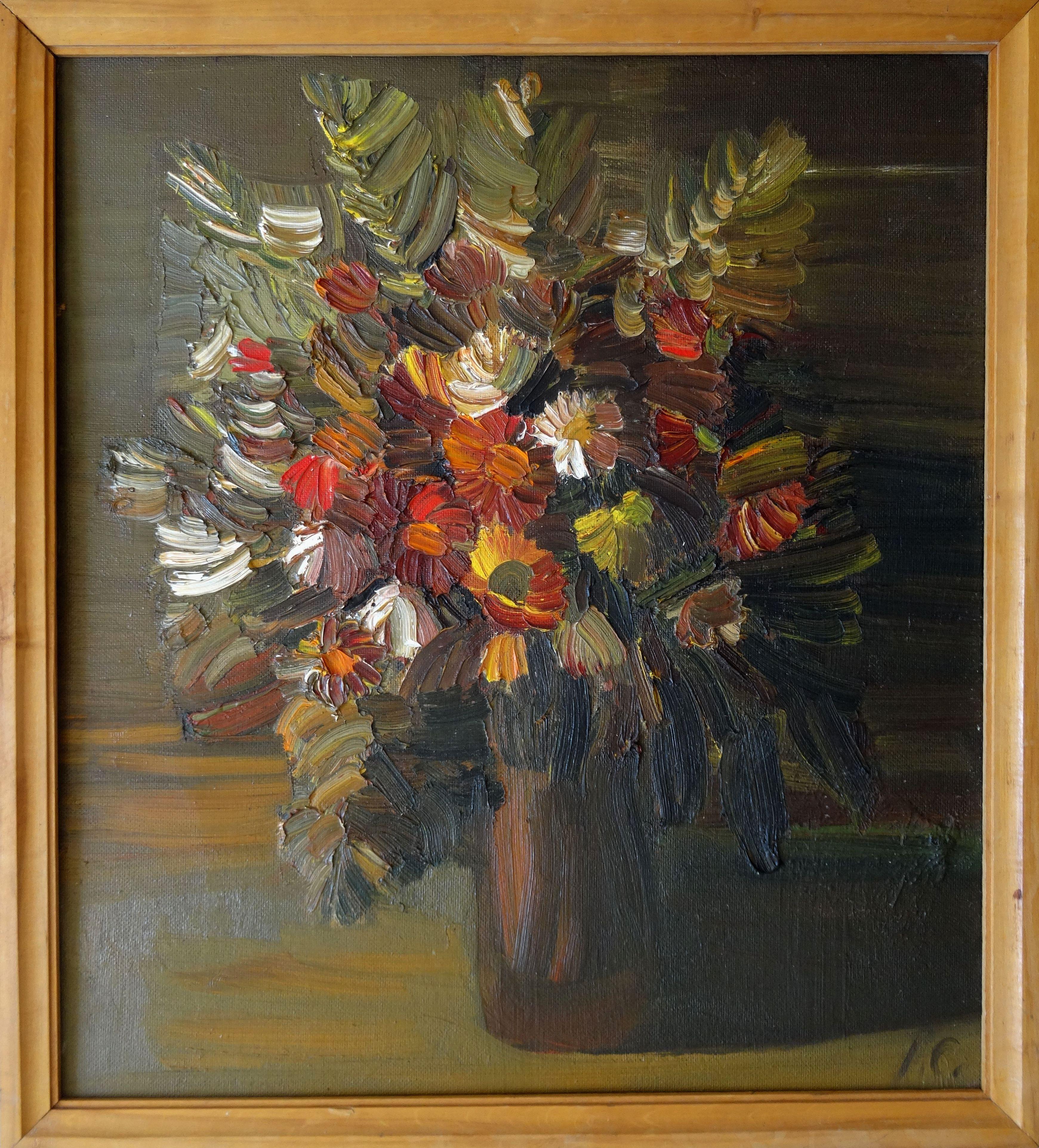 Blumenstrauß in einer Vase  Öl auf Karton 70x62 cm (Braun), Interior Painting, von Inta Celmina