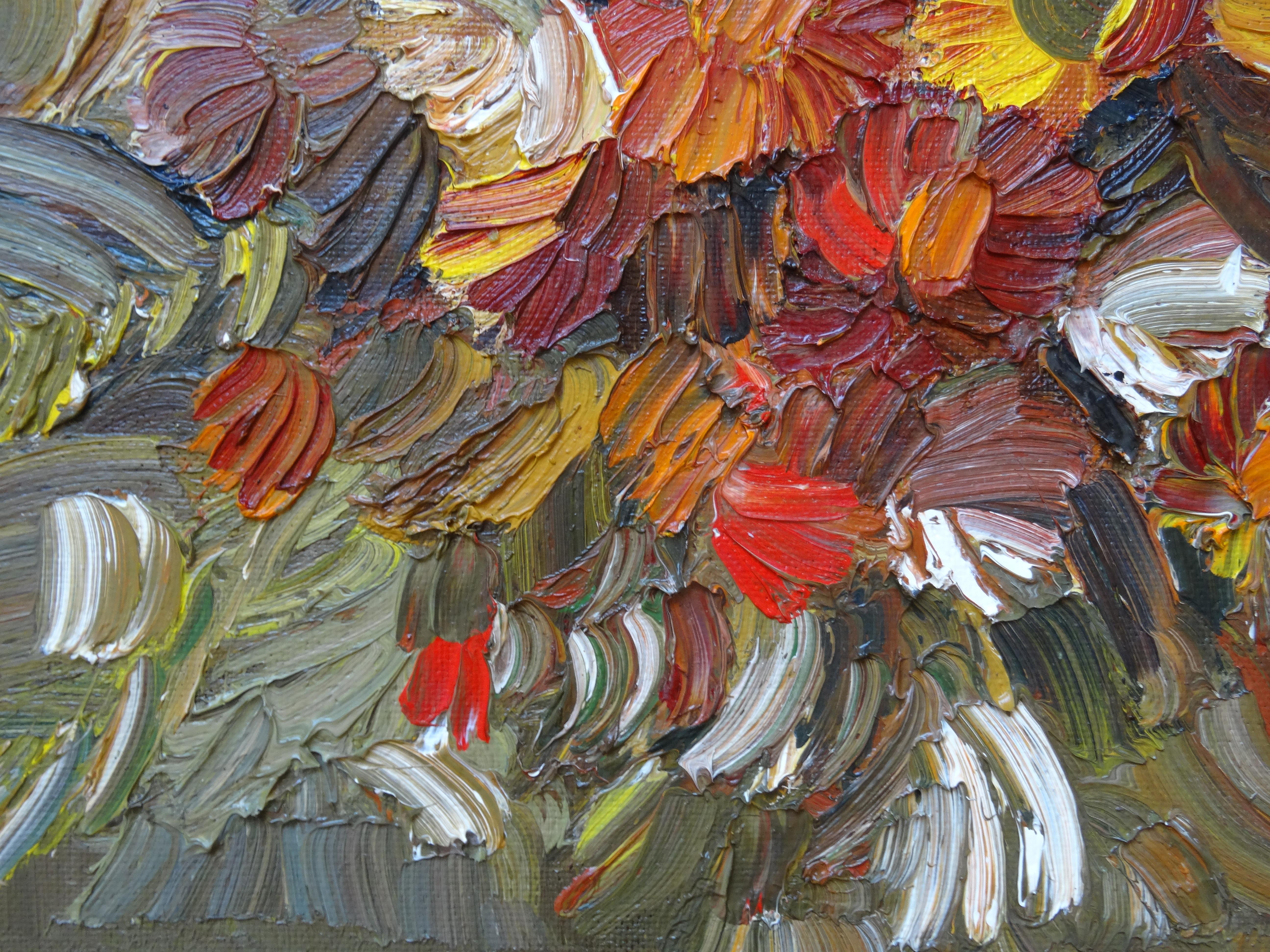 Bouquet di fiori in un vaso  Olio su cartone 70x62 cm in vendita 1