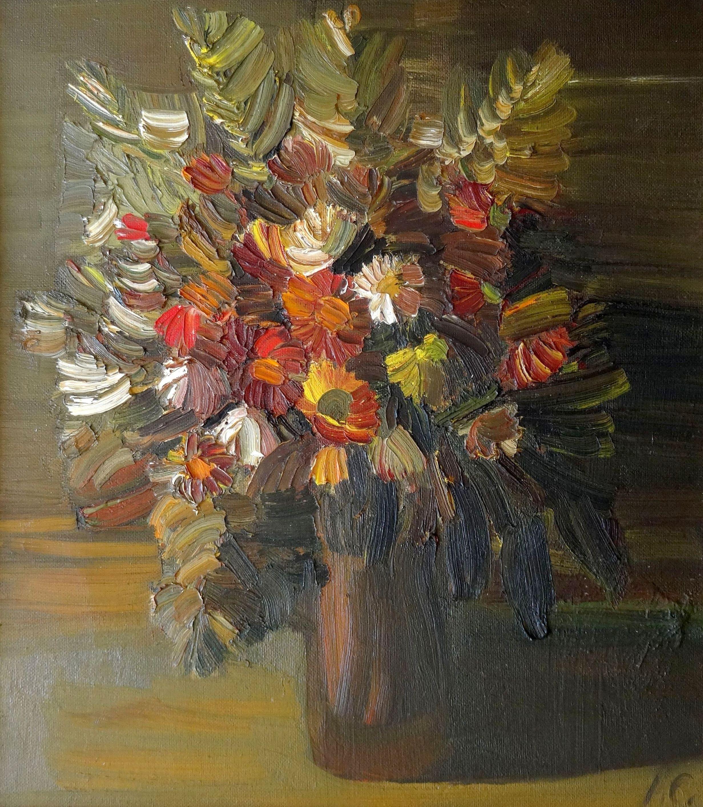 Inta Celmina Interior Painting - Bouquet of flowers in a vase  Oil on cardboard 70x62 cm