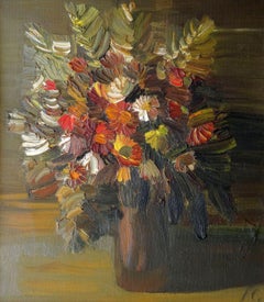 Vintage Bouquet of flowers in a vase  Oil on cardboard 70x62 cm