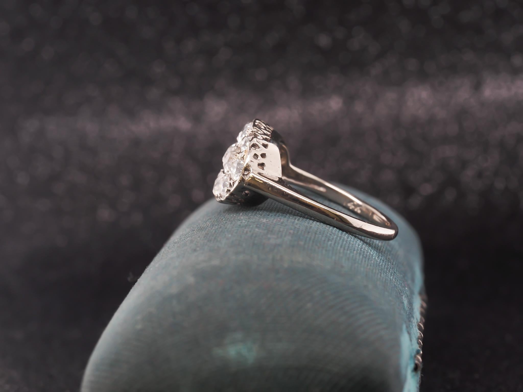 Women's intage 1940s 14K White Gold Old Mine Diamond Cluster Ring For Sale