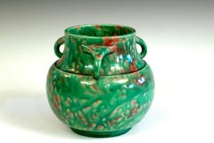 intage Awaji Pottery Art Deco Mottled Green Flambe Hand Turned Drip Vase Signed
