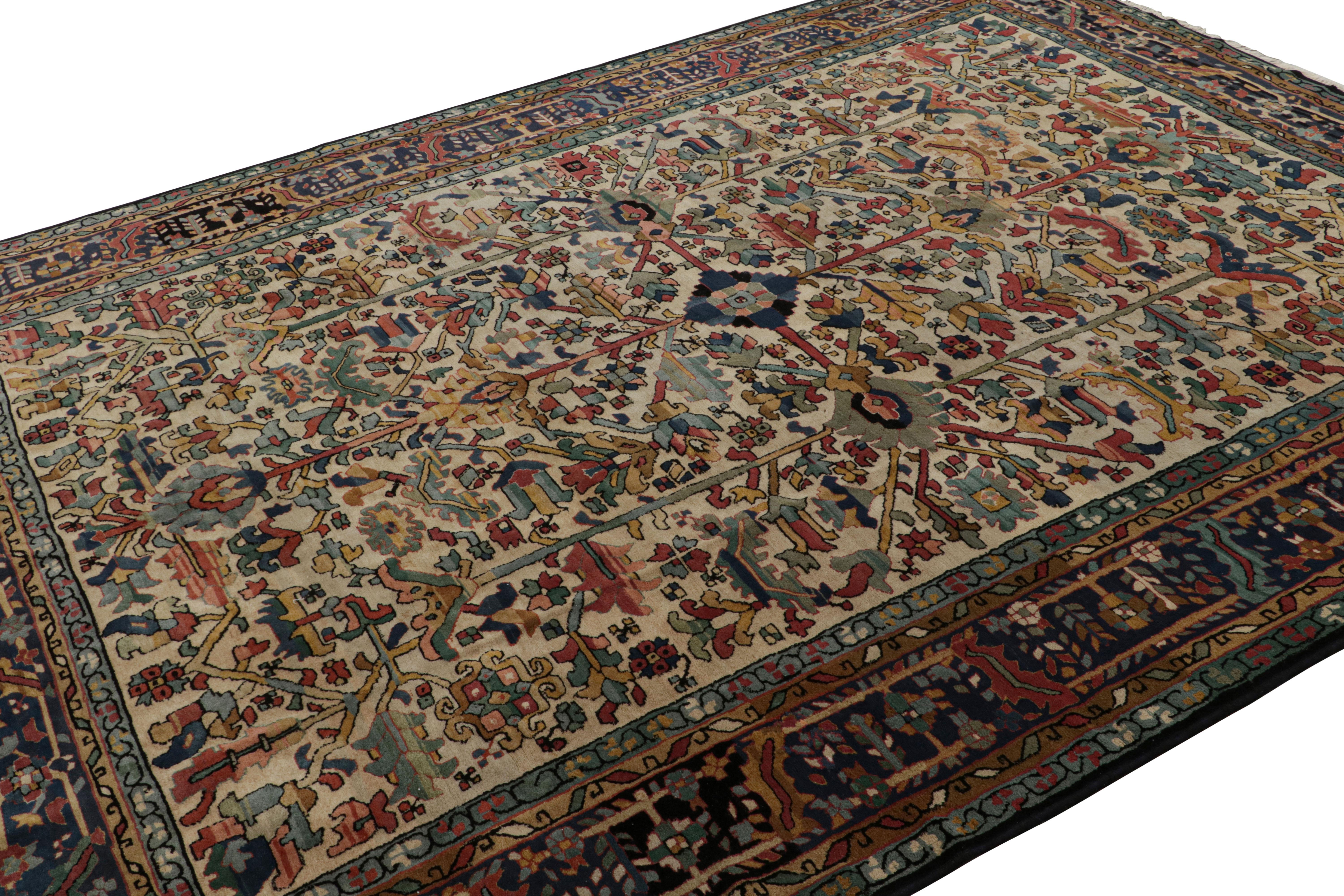 Hand Tufted wool, circa 1950-1960, this 9x12 rare vintage European rug is a collectible piece likely from a rare workshop or artist of the time—similar to hooked rugs of this period. 

On the Design: 

Connoisseurs will admire this vintage rug which