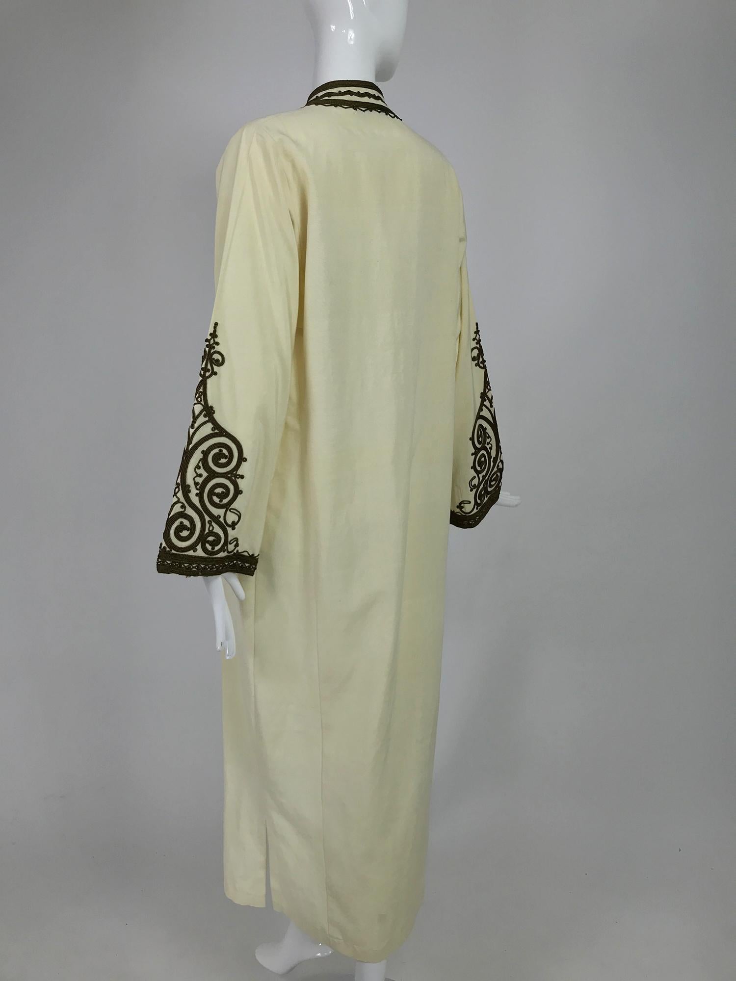 White intage Passementerie Silk Caftan in Cream and Brown Atlas Silks Hand Made 1970s