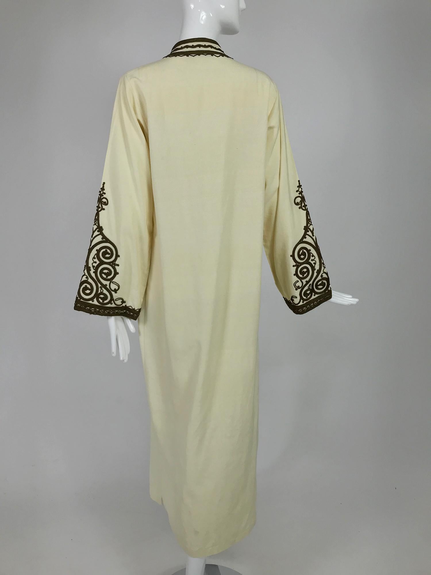intage Passementerie Silk Caftan in Cream and Brown Atlas Silks Hand Made 1970s In Good Condition In West Palm Beach, FL