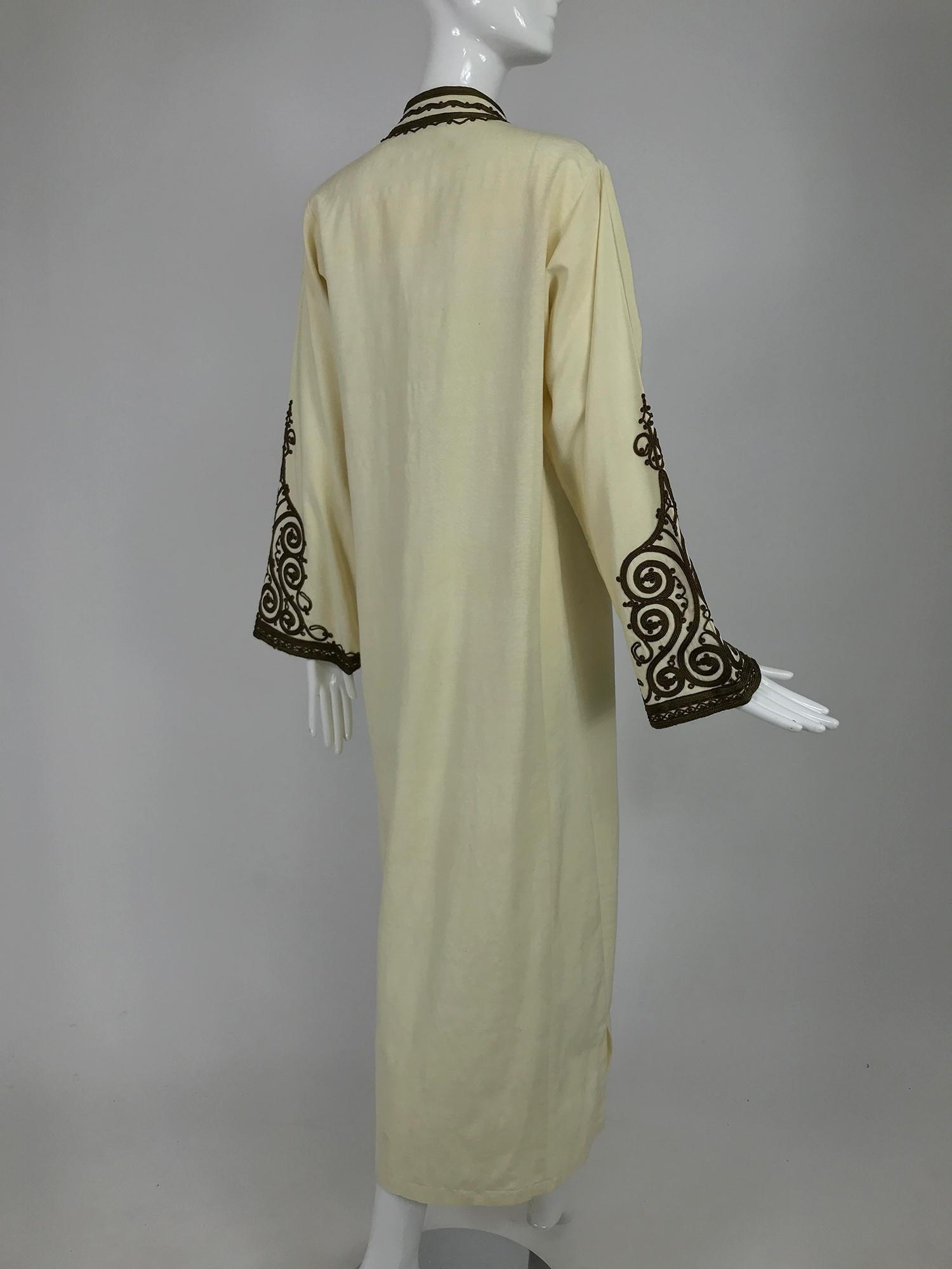 Women's or Men's intage Passementerie Silk Caftan in Cream and Brown Atlas Silks Hand Made 1970s