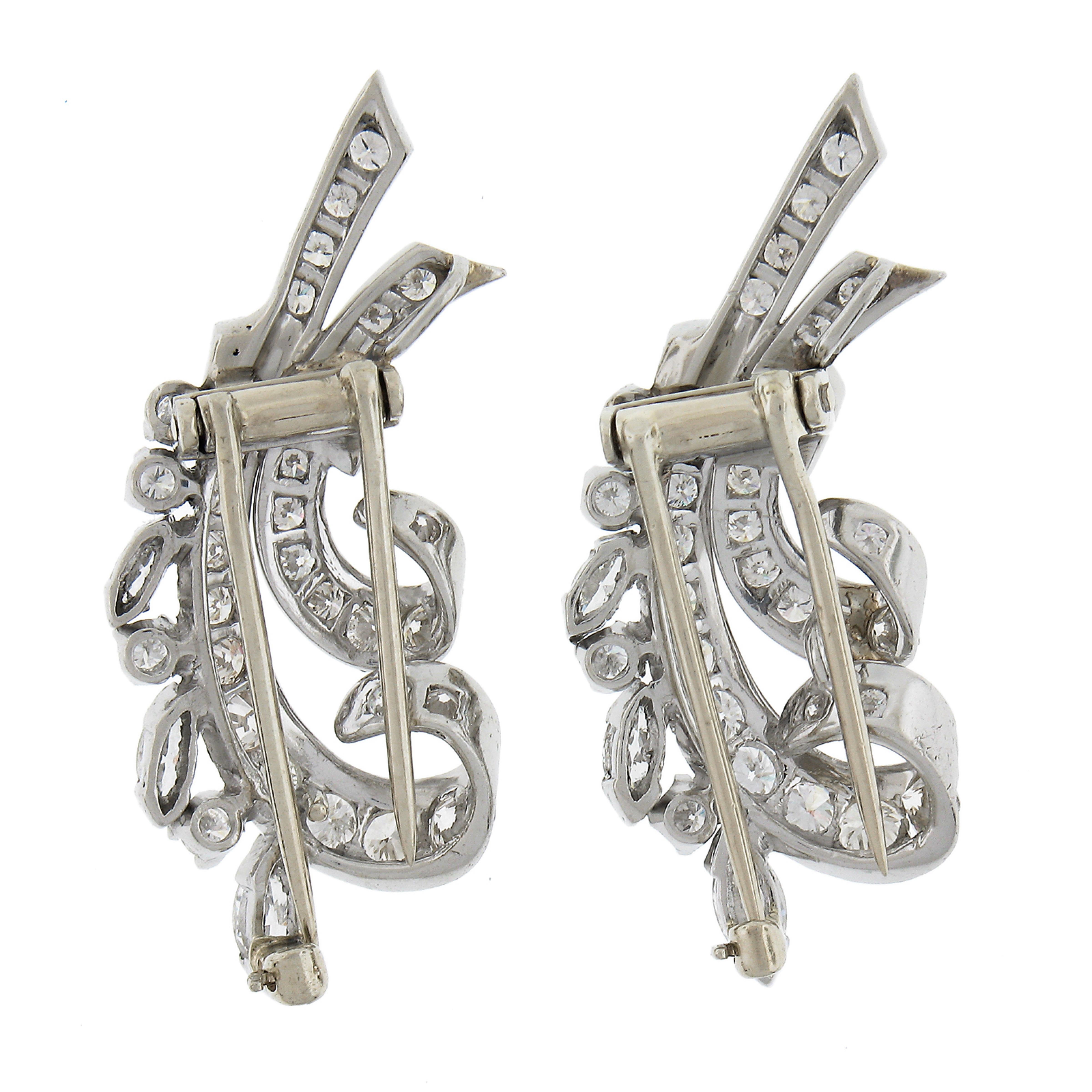Baguette Cut intage Platinum 2.32ctw Diamond Pair of 2 Floral Bouquet Clip Pins Brooches For Sale