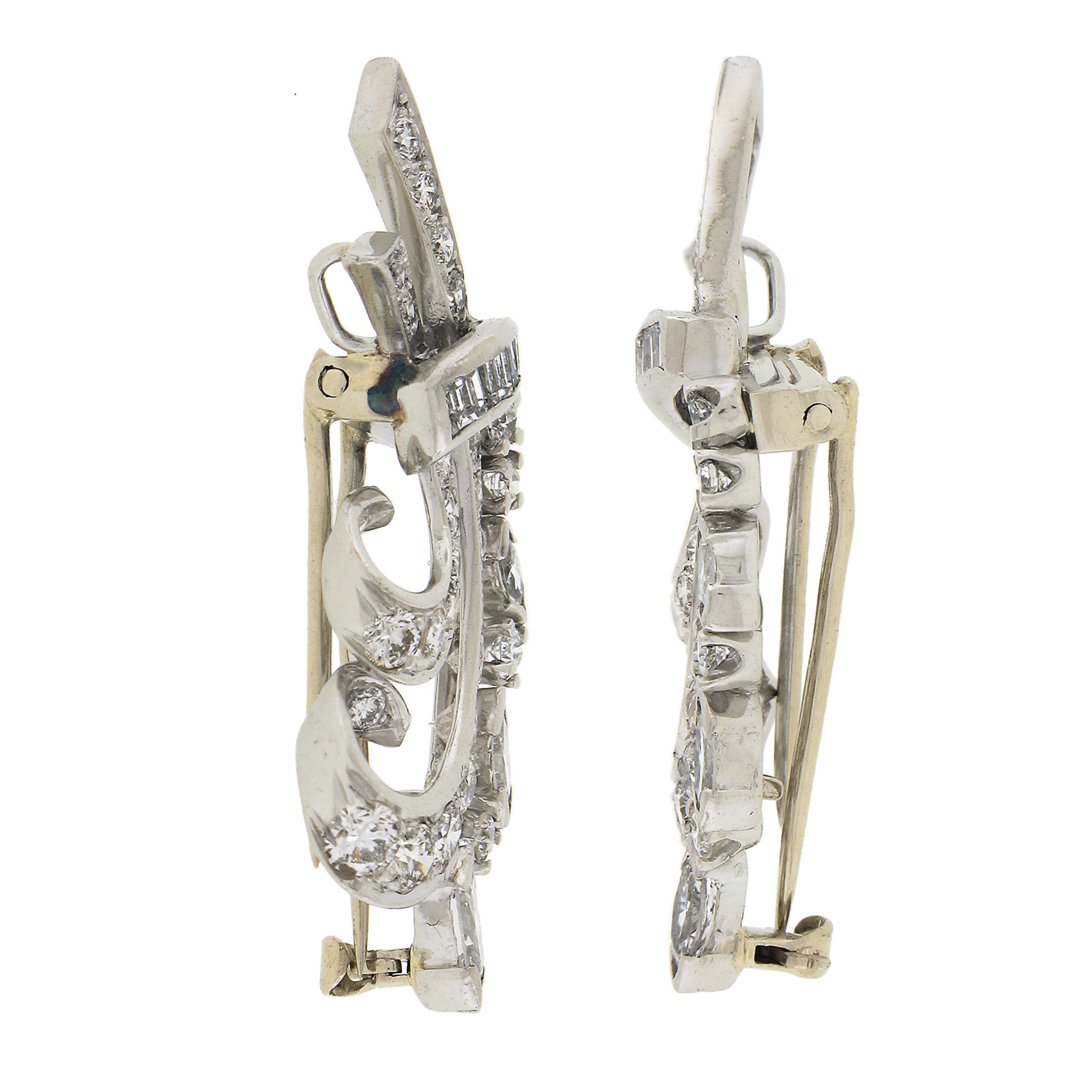 Women's intage Platinum 2.32ctw Diamond Pair of 2 Floral Bouquet Clip Pins Brooches For Sale