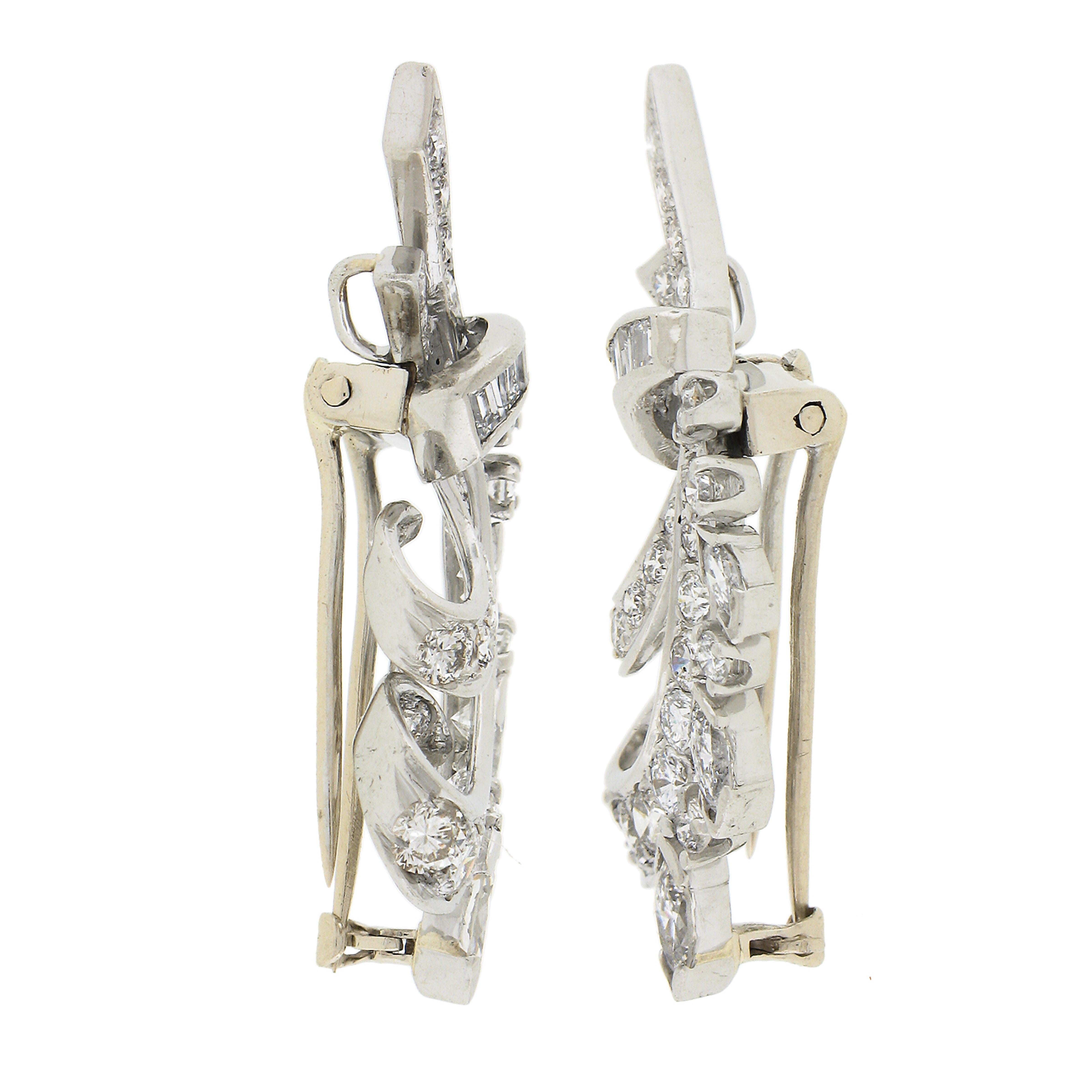 intage Platinum 2.32ctw Diamond Pair of 2 Floral Bouquet Clip Pins Brooches For Sale 1