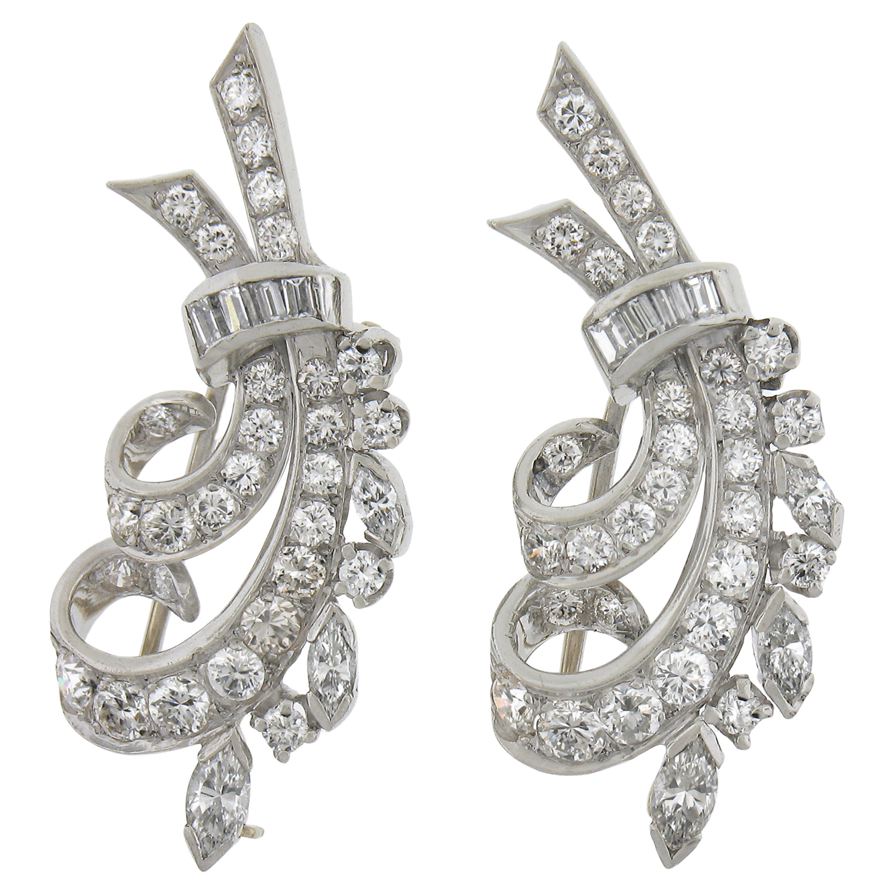 intage Platinum 2.32ctw Diamond Pair of 2 Floral Bouquet Clip Pins Brooches For Sale