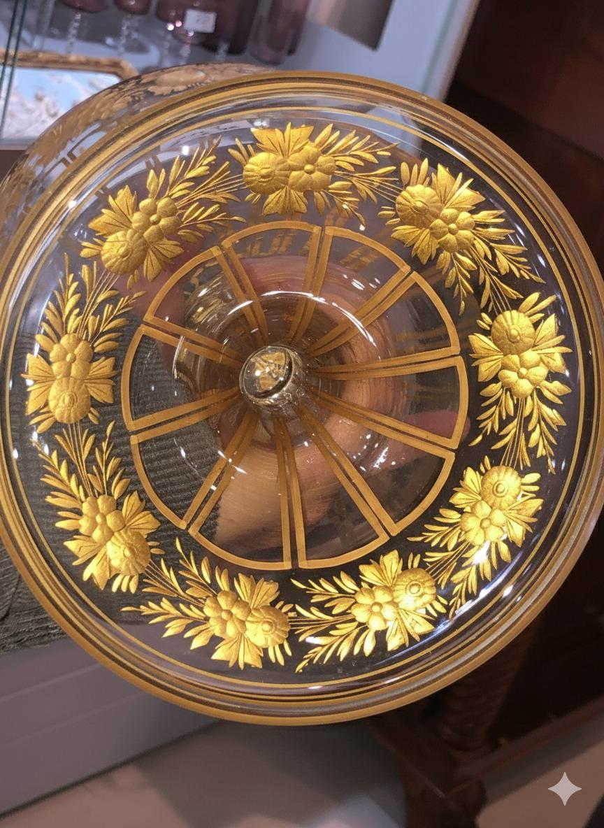 Bol con pedestal de cristal de Bohemia calcográfico y dorado y plato a juego en venta 3