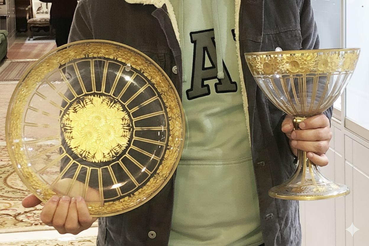 Bol con pedestal de cristal de Bohemia calcográfico y dorado y plato a juego en Bueno estado para la venta en Atlanta, GA