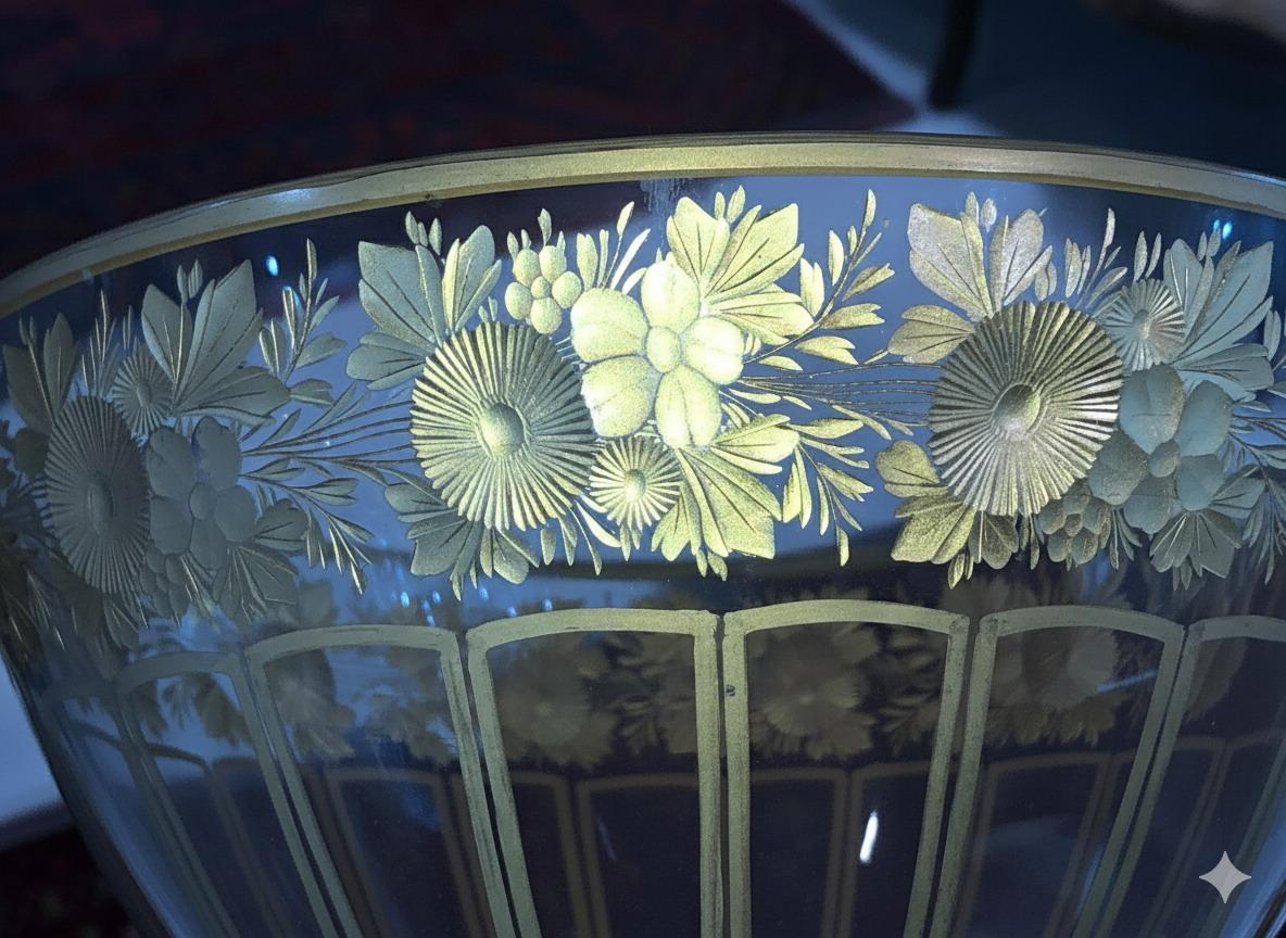 Bol con pedestal de cristal de Bohemia calcográfico y dorado y plato a juego en venta 1