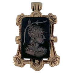 Intaglio Locket Pendant Hermes Mercury Roman God Gold Black Onyx, Victorian