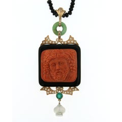 Intaglio Mediterranean Coral Onyx Diamond Gold Pendant
