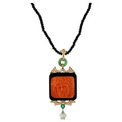 Intaglio Mediterranean Coral Onyx Diamond Gold Pendant