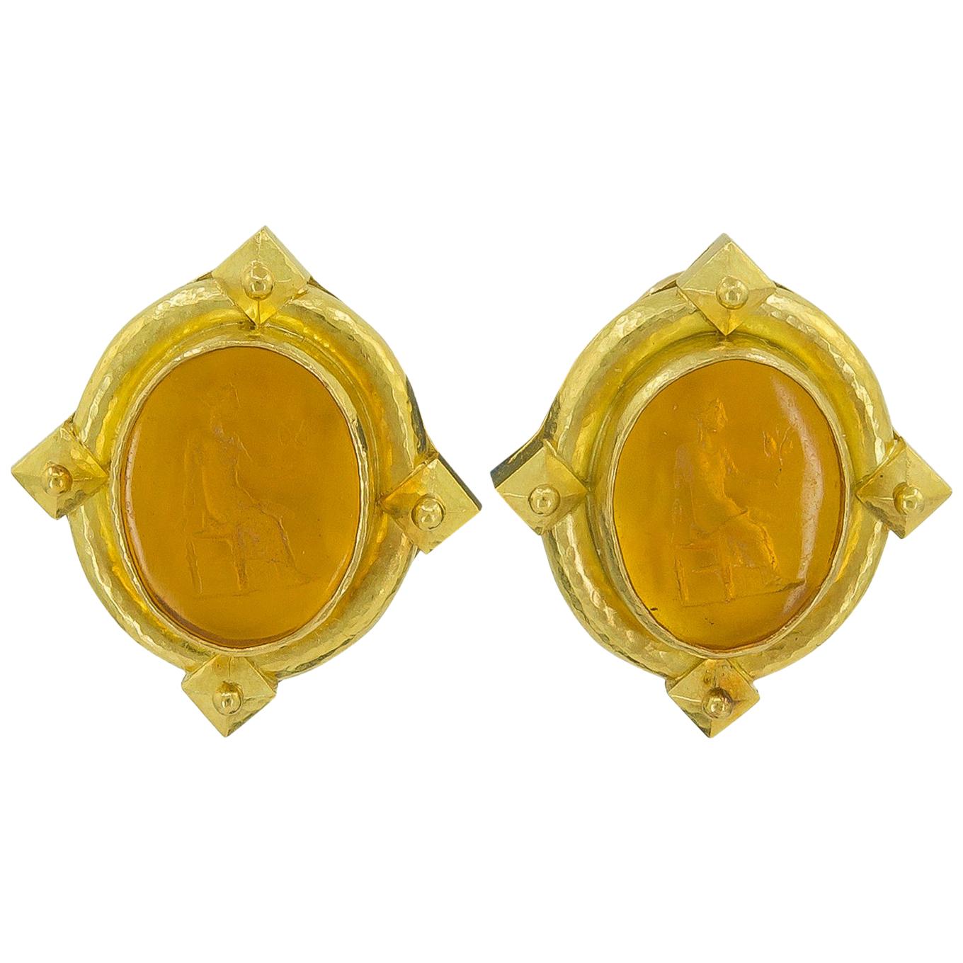 Cobalt Blue Glass Cherub Intaglio Earrings at 1stDibs