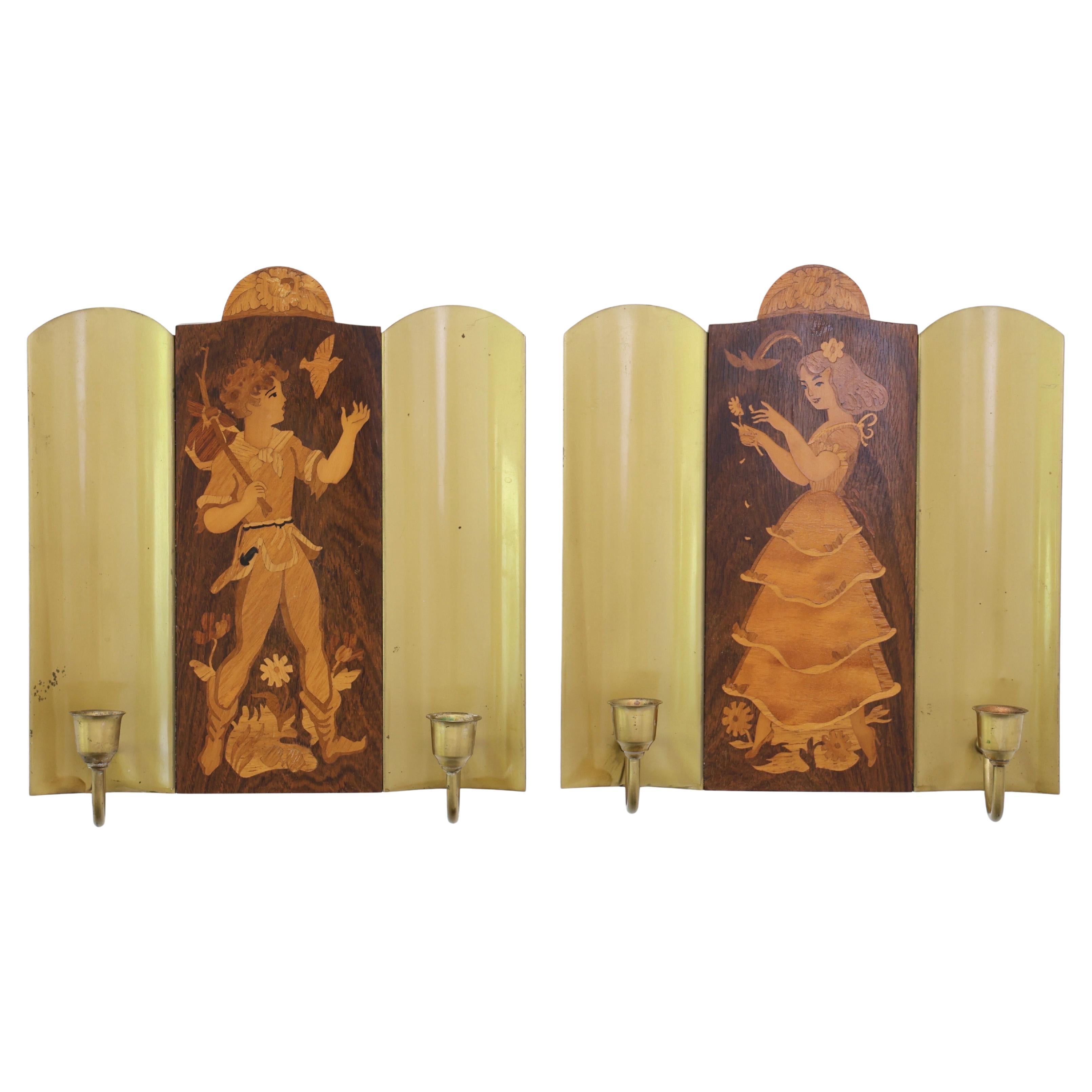 Intarsia Candle Sconces made by Mjölby Intarsia, 1940s, Sweden
