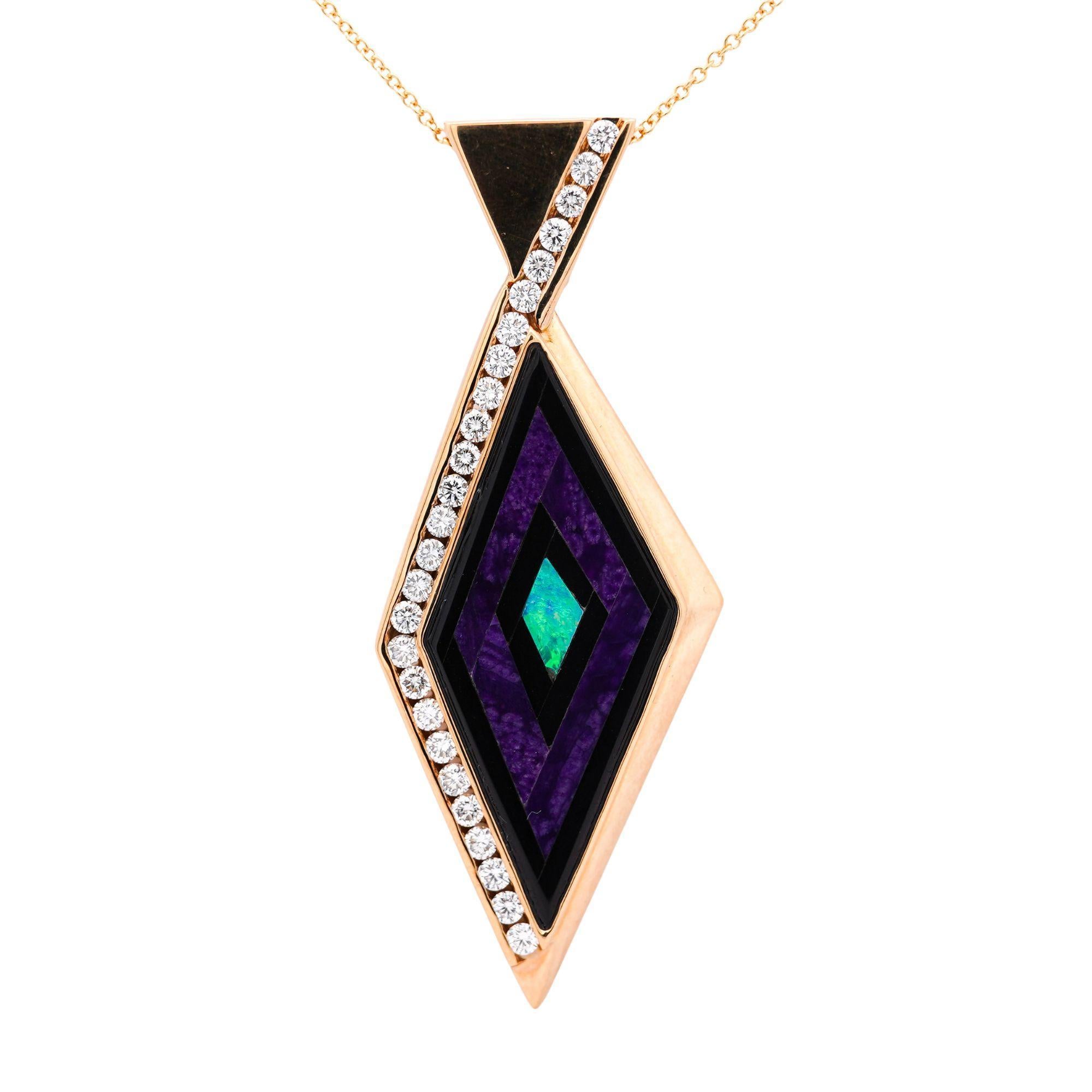 Collana con ciondolo in oro 14K con diamante e malachite opale e onice nera intarsiati in vendita 4
