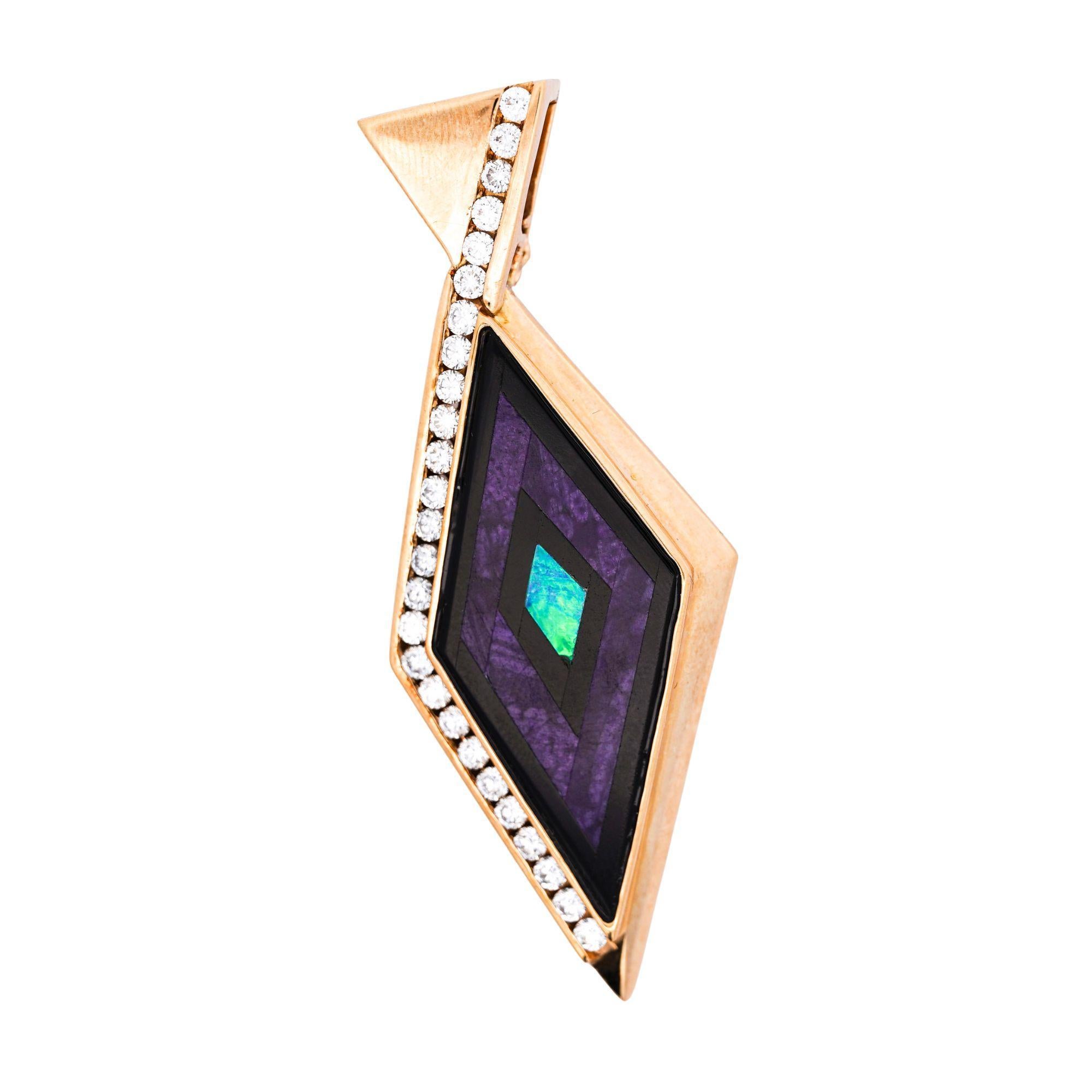Donna Collana con ciondolo in oro 14K con diamante e malachite opale e onice nera intarsiati in vendita