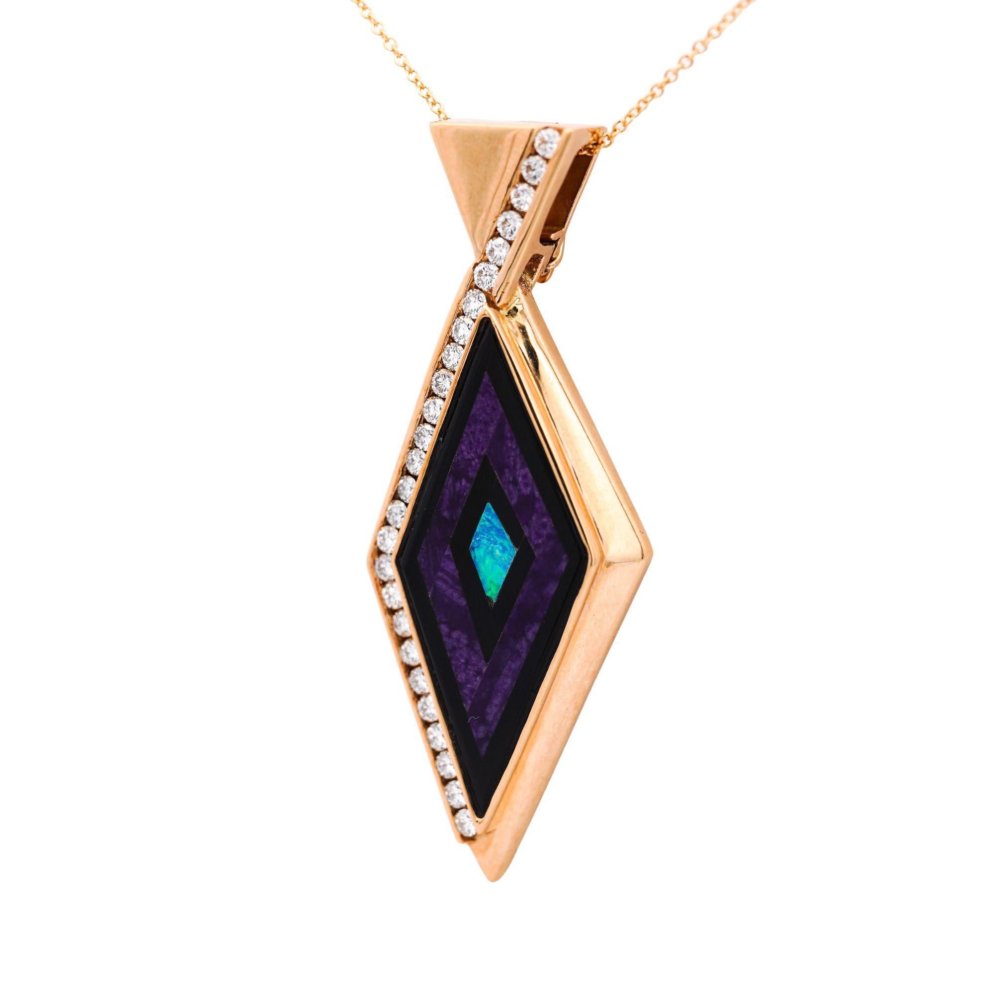 Collana con ciondolo in oro 14K con diamante e malachite opale e onice nera intarsiati in vendita 3