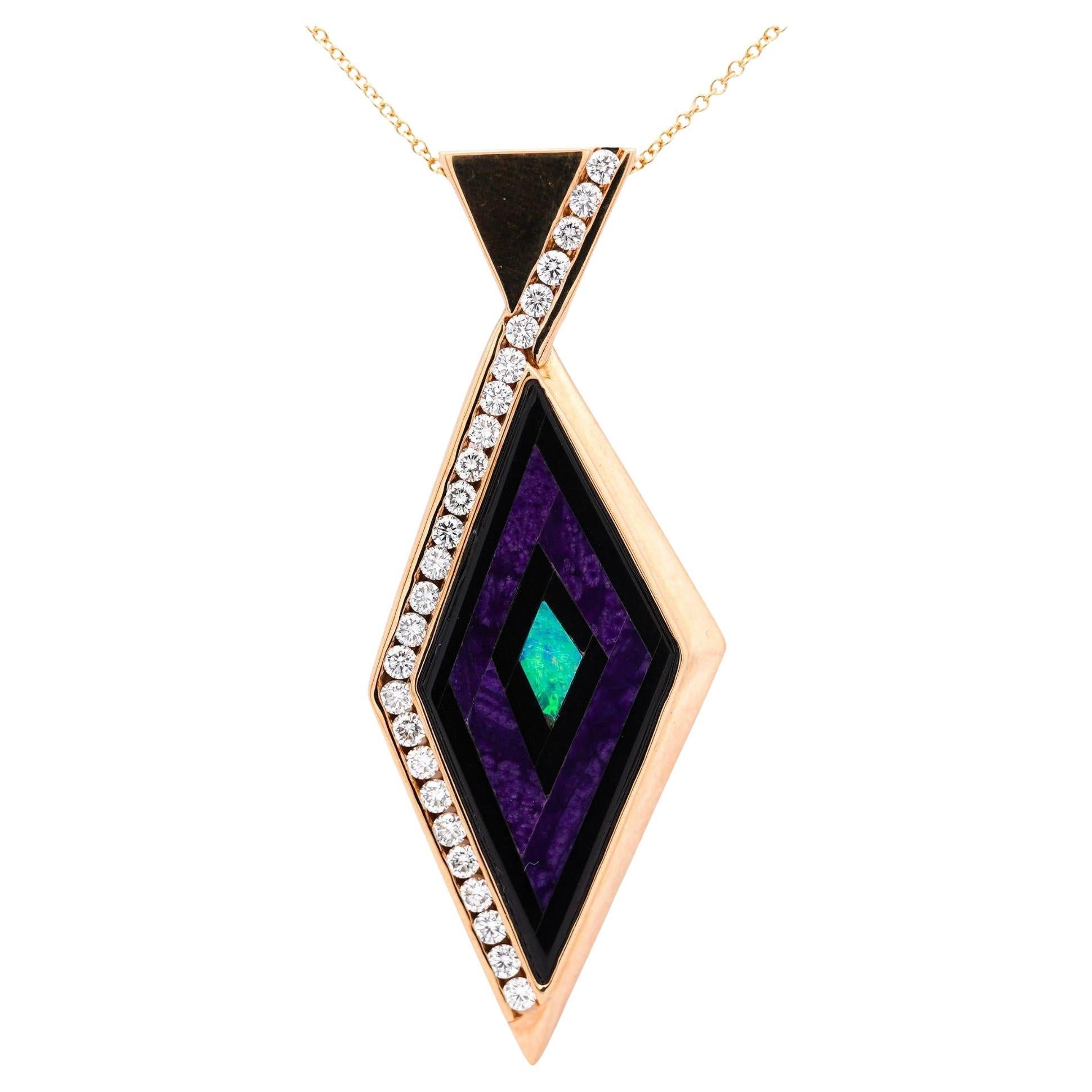 Collana con ciondolo in oro 14K con diamante e malachite opale e onice nera intarsiati in vendita
