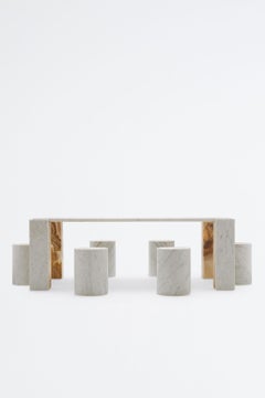 Tavolo Intarsio, tavolo da pranzo contemporaneo in marmo bianco e onice