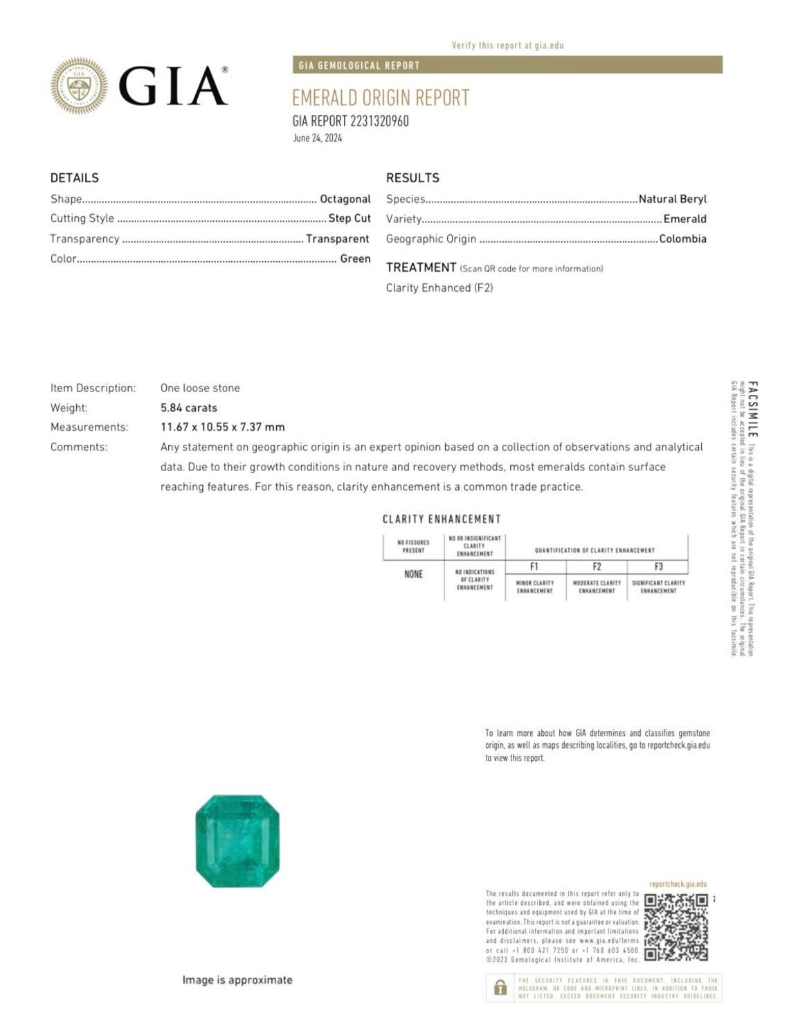 Pierre : Émeraude
Poids : 5,84 carats
Forme : Coupe émeraude
Clarté : Transparent
Éclat : Excellent-Très bon
Couleur : Vert bleuté intense
Dimensions : 11,67 mm x 10,55 mm x 7,37 mm
Origine géographique : Colombie
Traitement : Naturel,