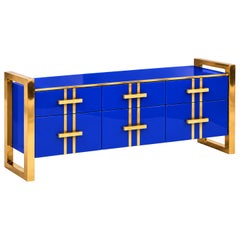 Intense Blue Glass Sideboard with Brass Frames and Three Drawers, Italy