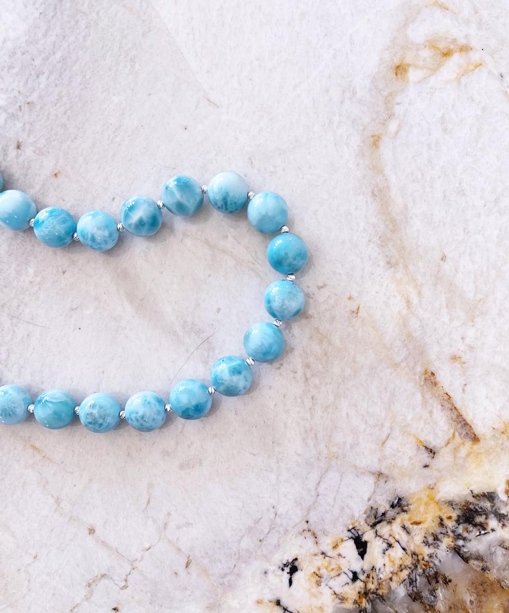 Round Cut Intense Blue Larimar Round Beaded Necklace with Handmade Inlay Toggle Clasp  For Sale