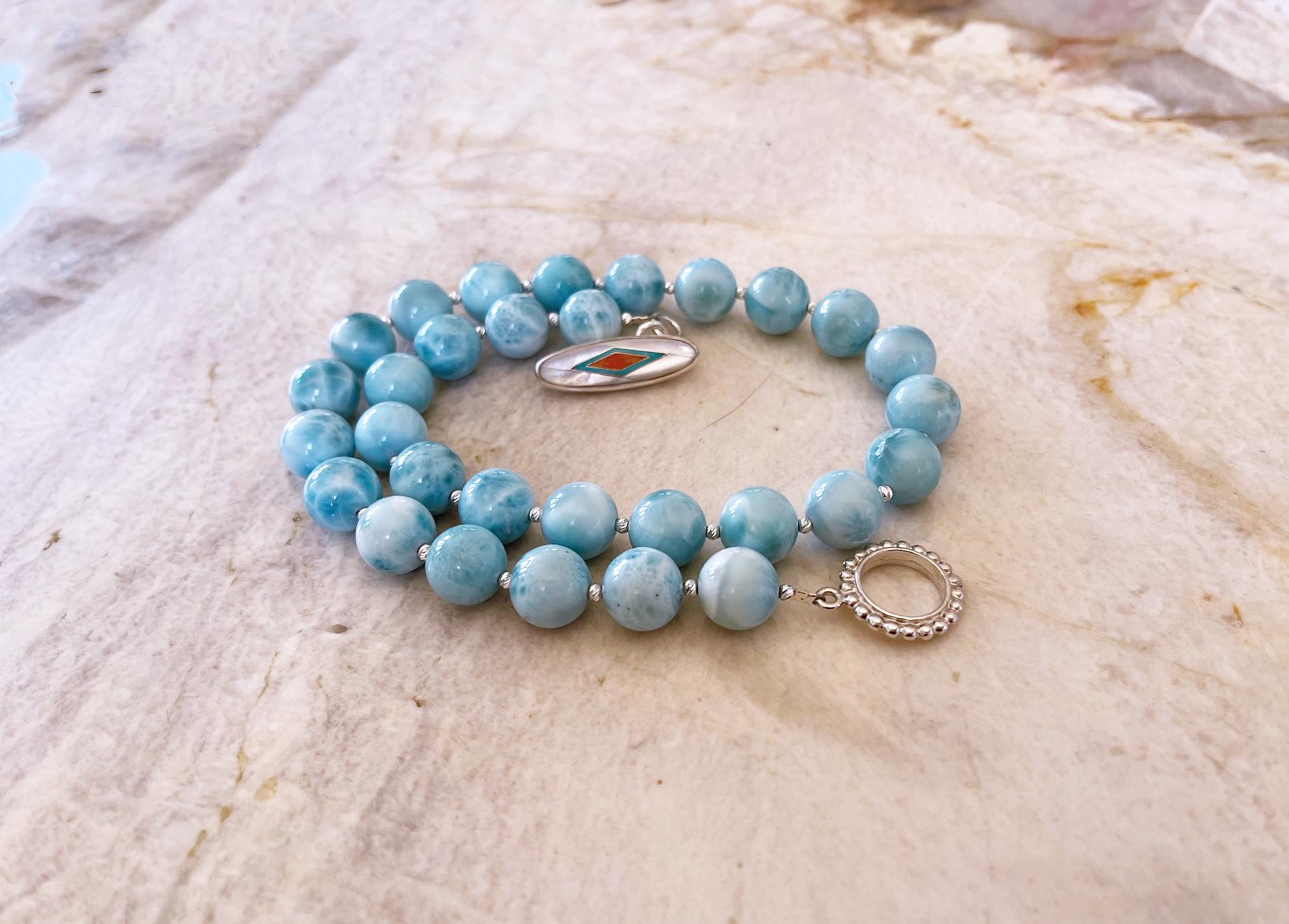 Women's or Men's Intense Blue Larimar Round Beaded Necklace with Handmade Inlay Toggle Clasp  For Sale