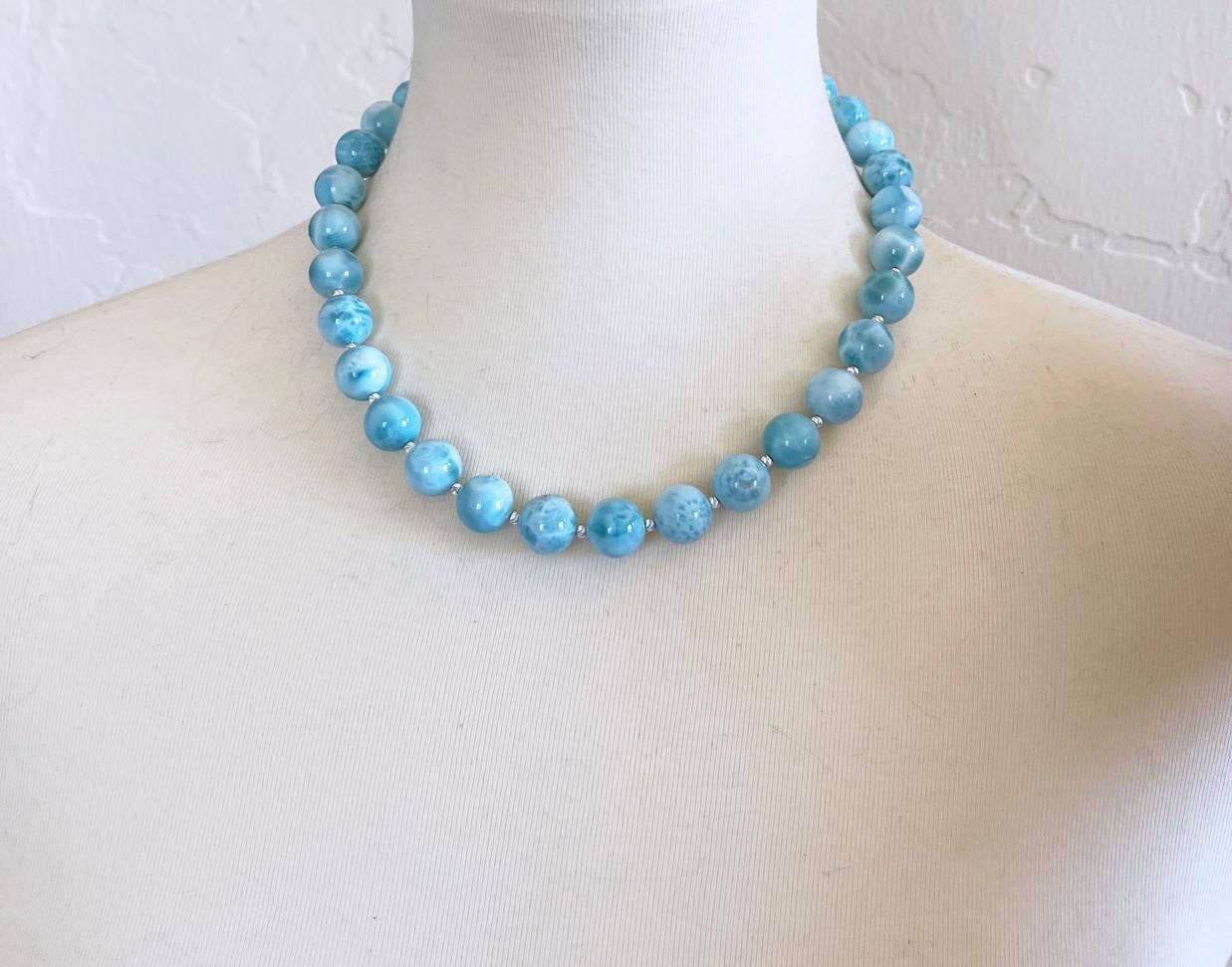 Intense Blue Larimar Round Beaded Necklace with Handmade Inlay Toggle Clasp  For Sale 1