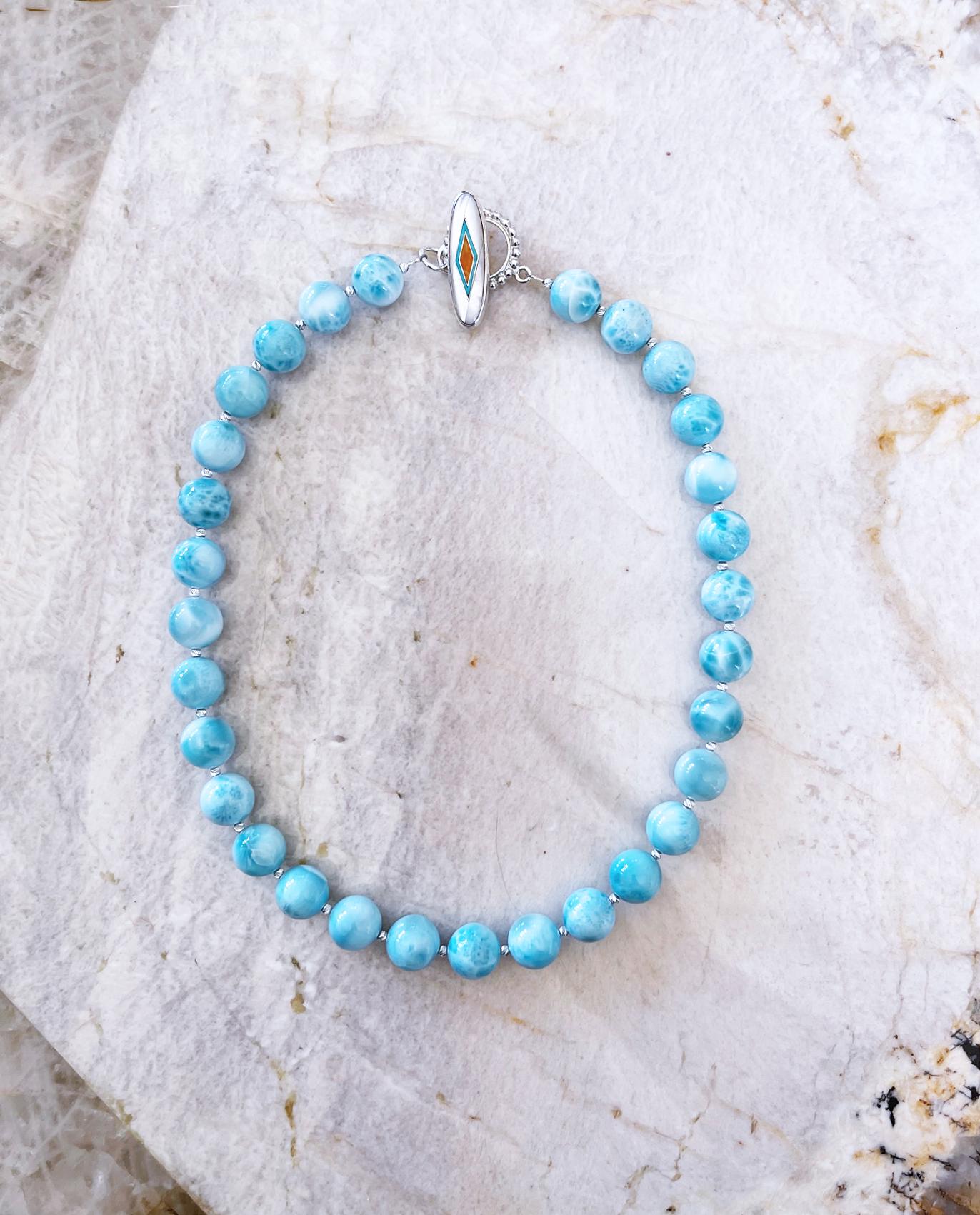 Intense Blue Larimar Round Beaded Necklace with Handmade Inlay Toggle Clasp  For Sale 2