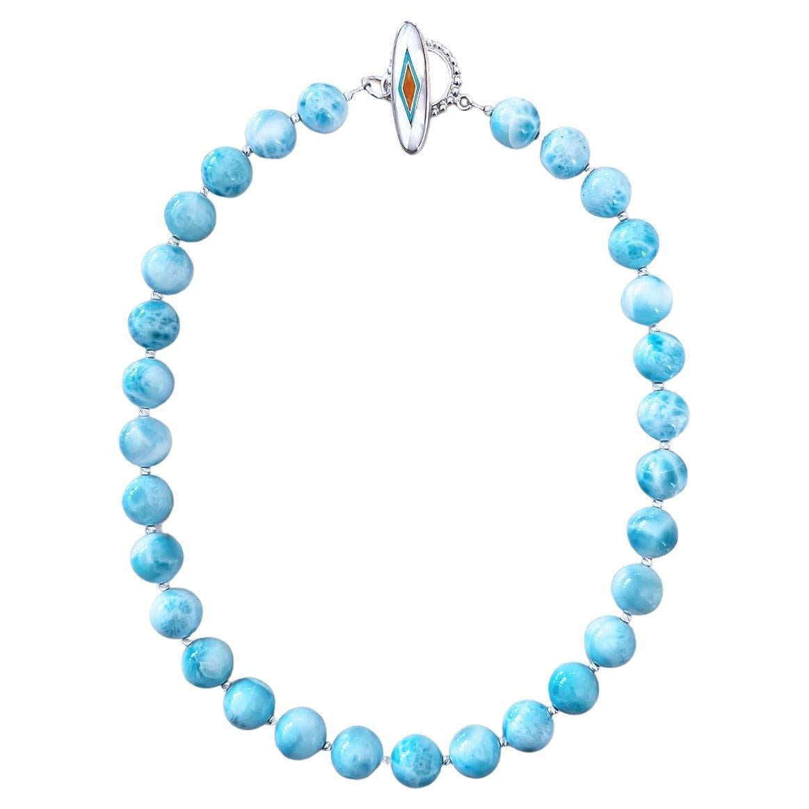Intense Blue Larimar Round Beaded Necklace with Handmade Inlay Toggle Clasp  For Sale
