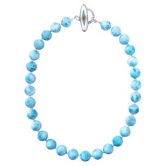 Intense Blue Larimar Round Beaded Necklace with Handmade Inlay Toggle Clasp 