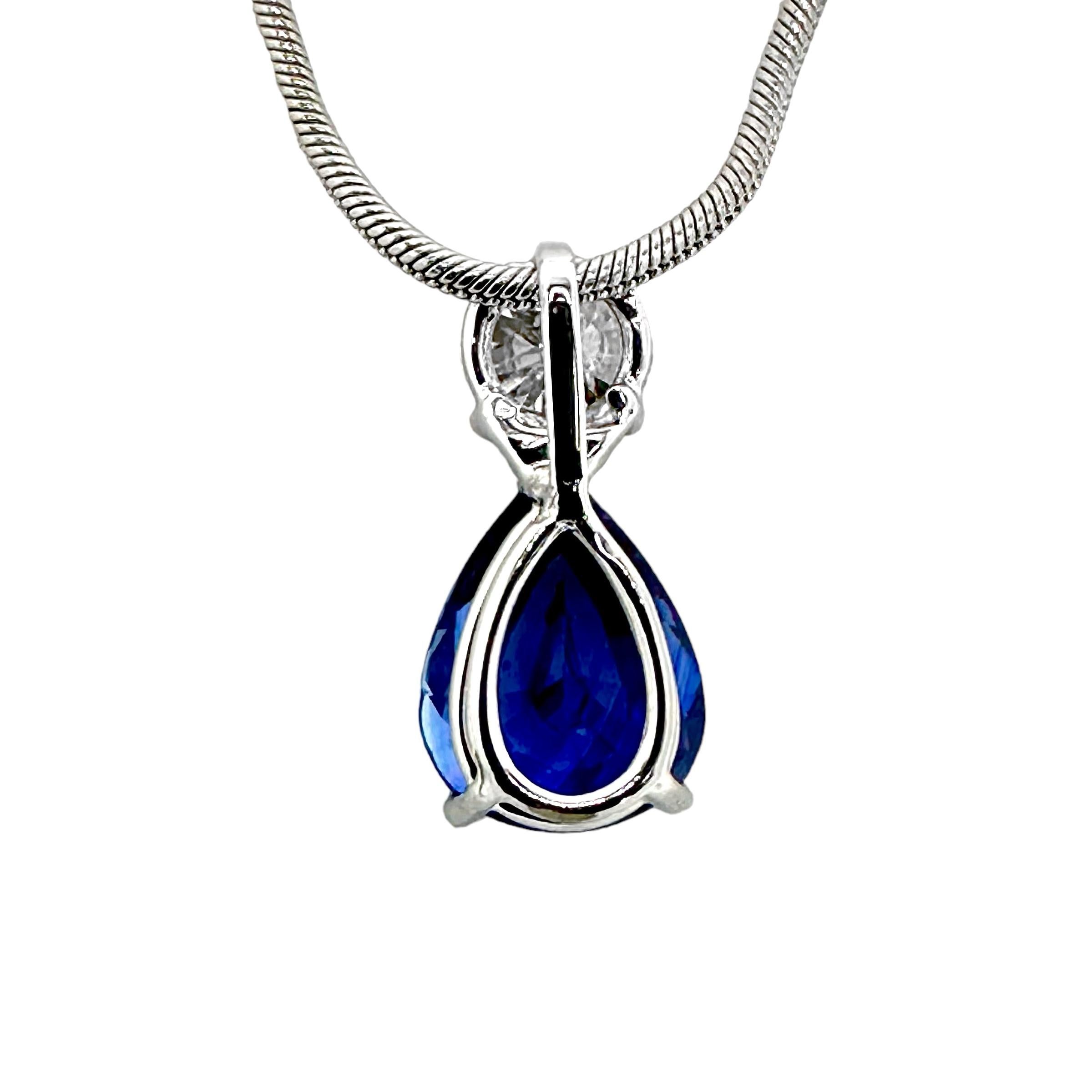Modern Intense Blue Pear Shape Sapphire & Diamond Pendant on 14k White Gold Snake Chain For Sale