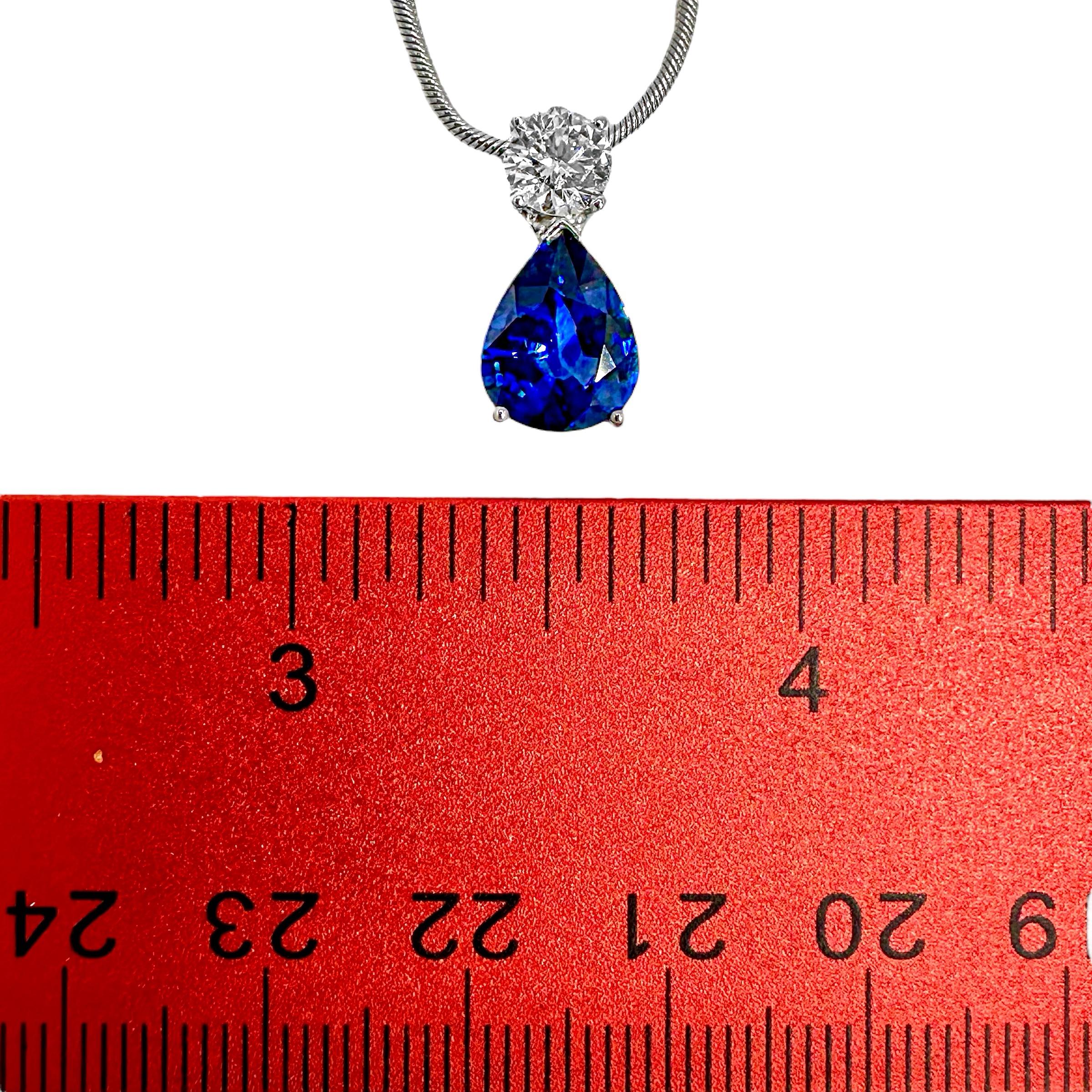 Brilliant Cut Intense Blue Pear Shape Sapphire & Diamond Pendant on 14k White Gold Snake Chain For Sale