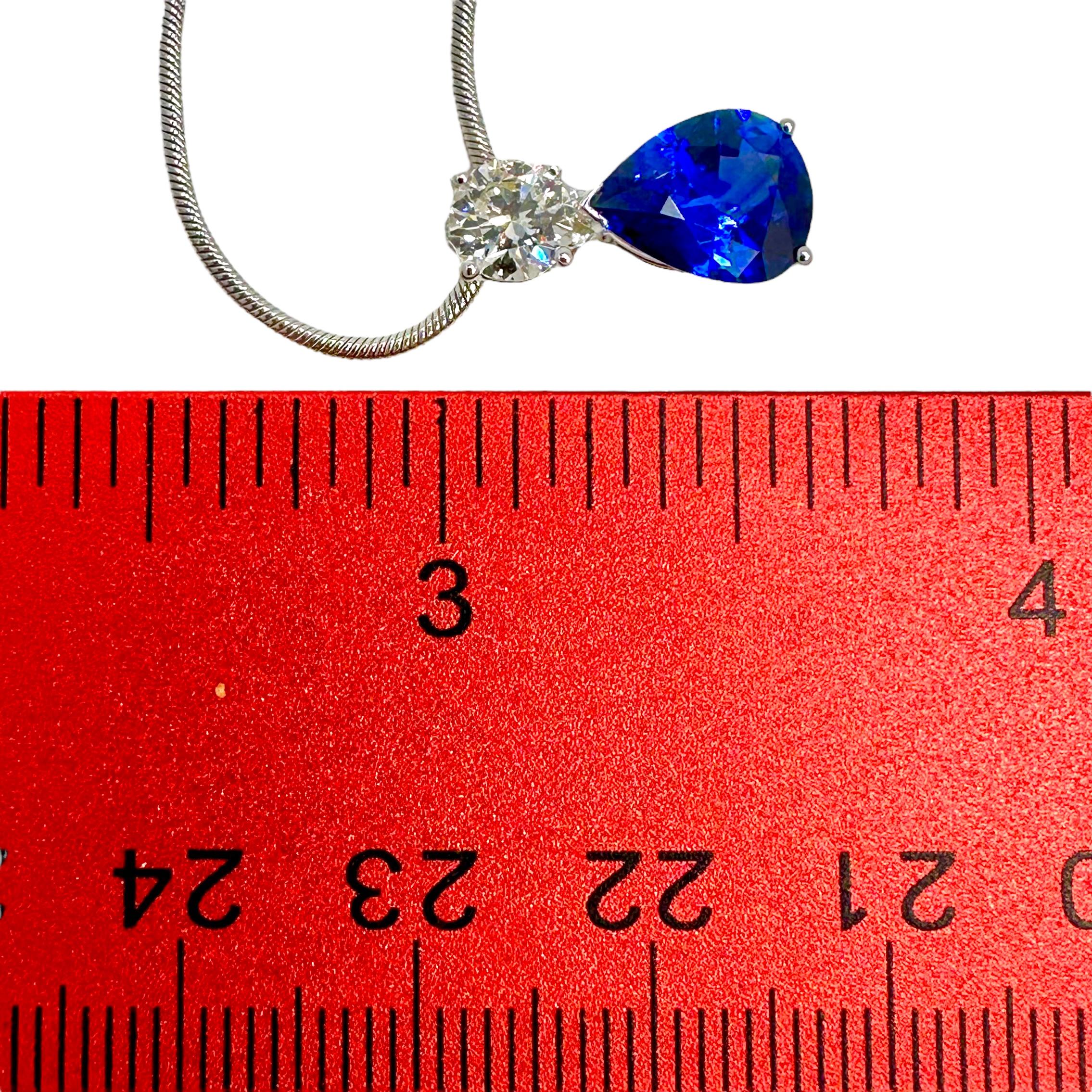 Intense Blue Pear Shape Sapphire & Diamond Pendant on 14k White Gold Snake Chain In Excellent Condition For Sale In Palm Beach, FL