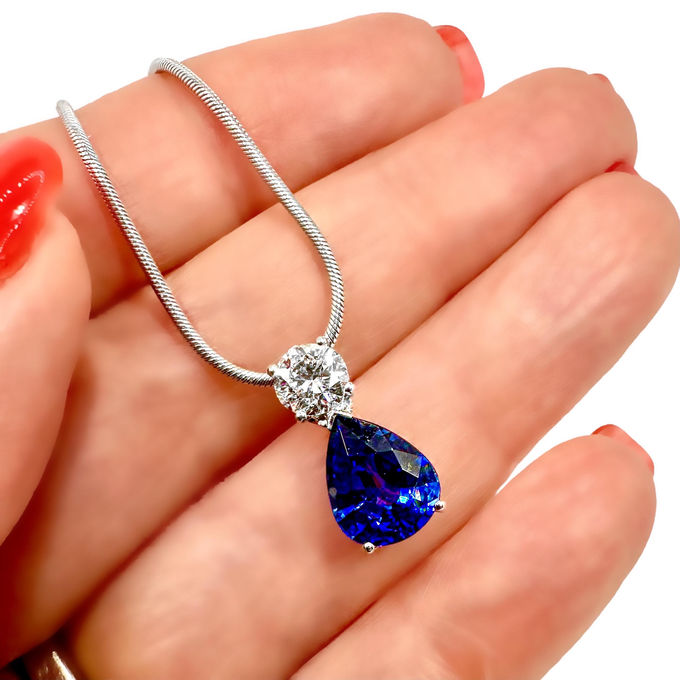 Women's Intense Blue Pear Shape Sapphire & Diamond Pendant on 14k White Gold Snake Chain For Sale