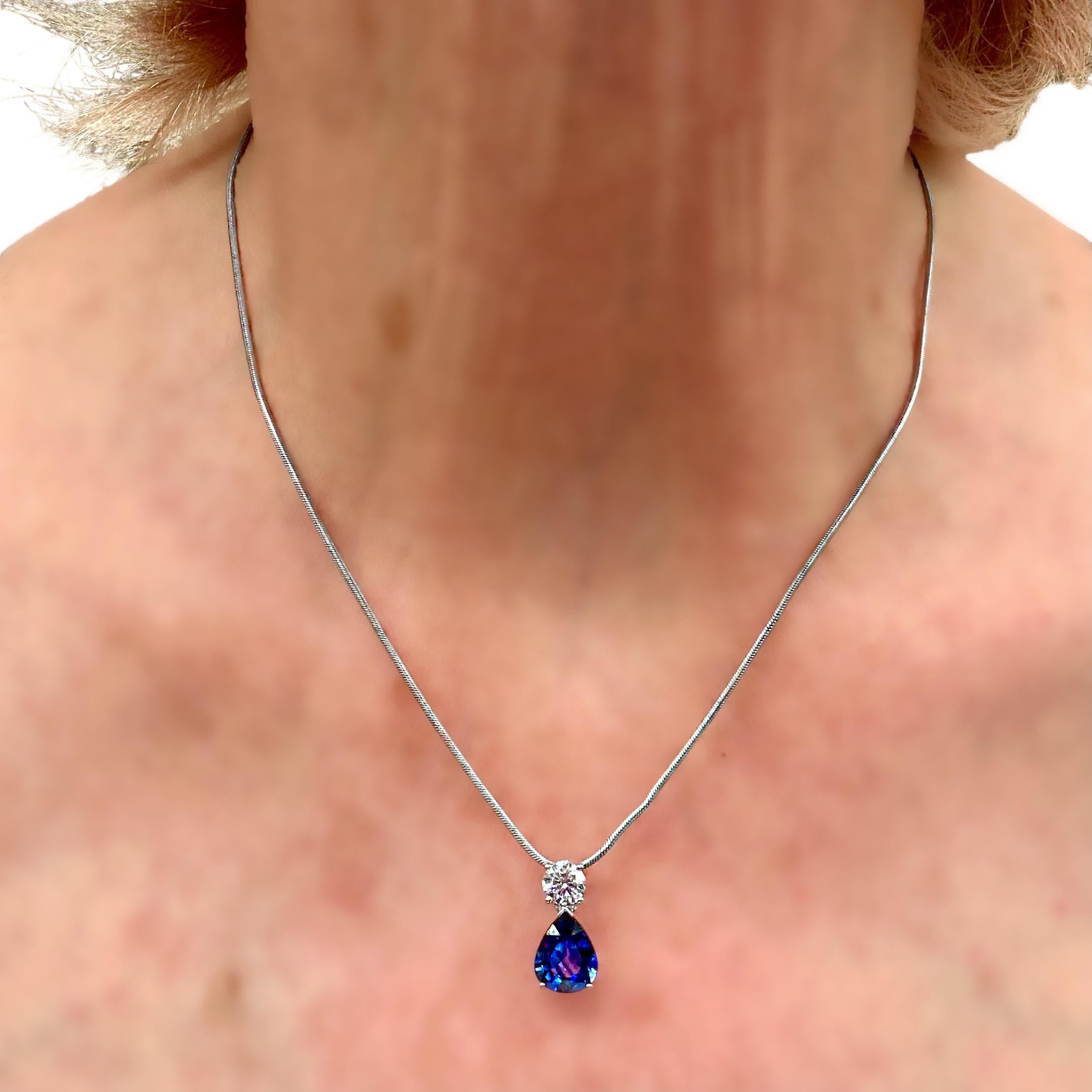Intense Blue Pear Shape Sapphire & Diamond Pendant on 14k White Gold Snake Chain For Sale 1