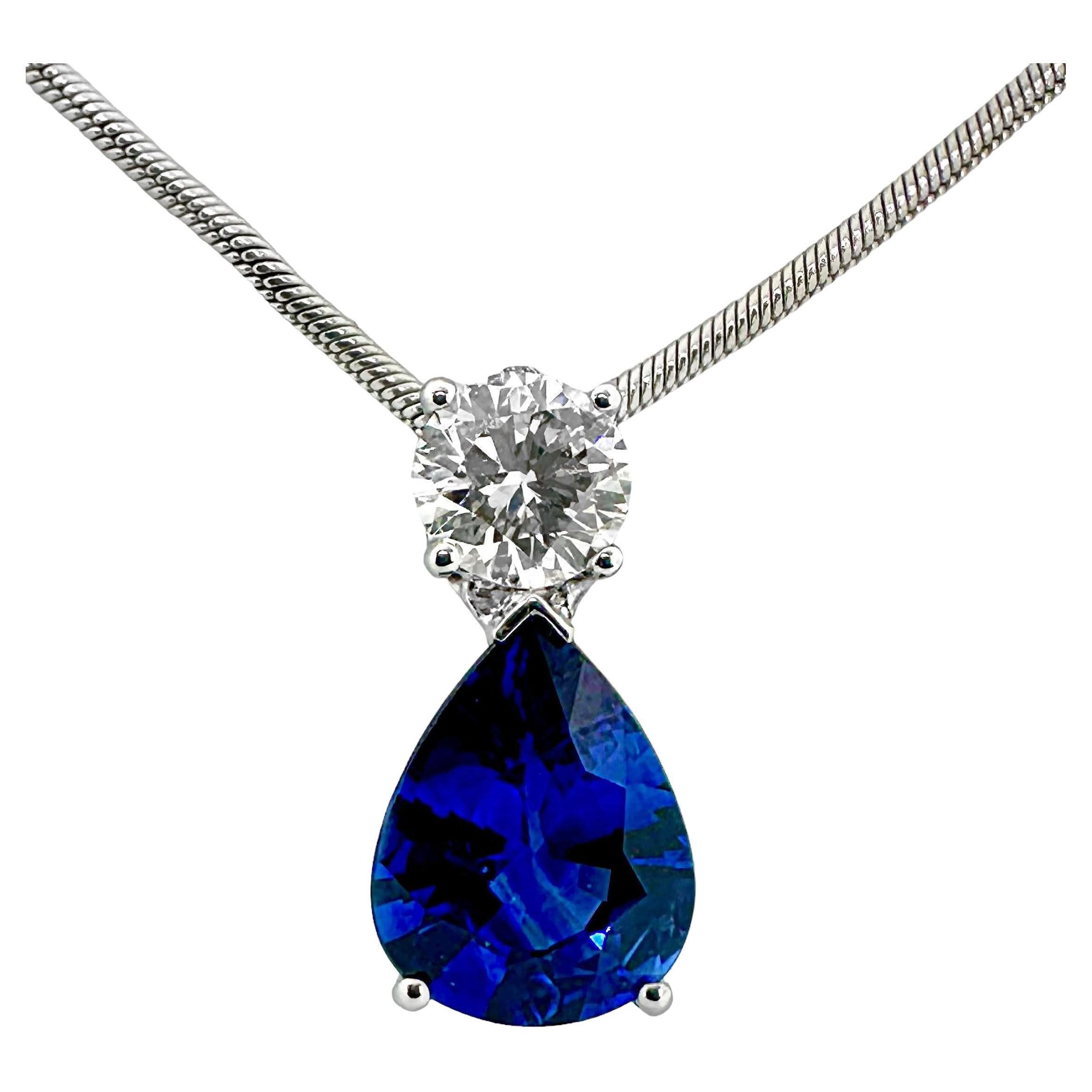 Intense Blue Pear Shape Sapphire & Diamond Pendant on 14k White Gold Snake Chain For Sale