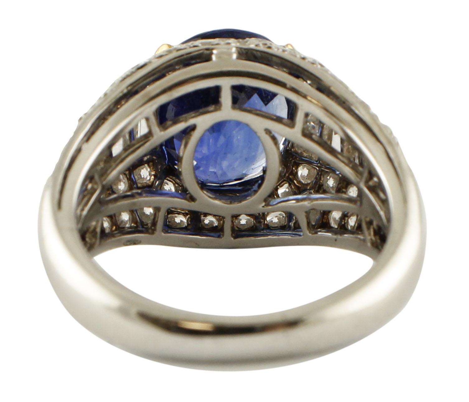 Mixed Cut Intense Blue Sapphire, Diamonds, 18 Karat White Gold Cluster Ring