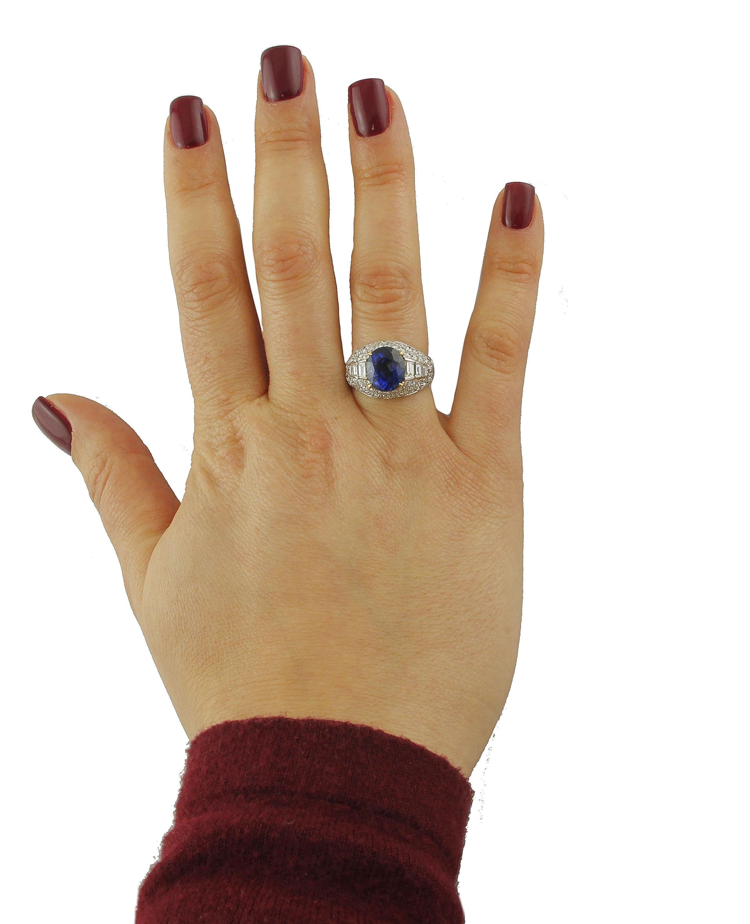 Intense Blue Sapphire, Diamonds, 18 Karat White Gold Cluster Ring 2
