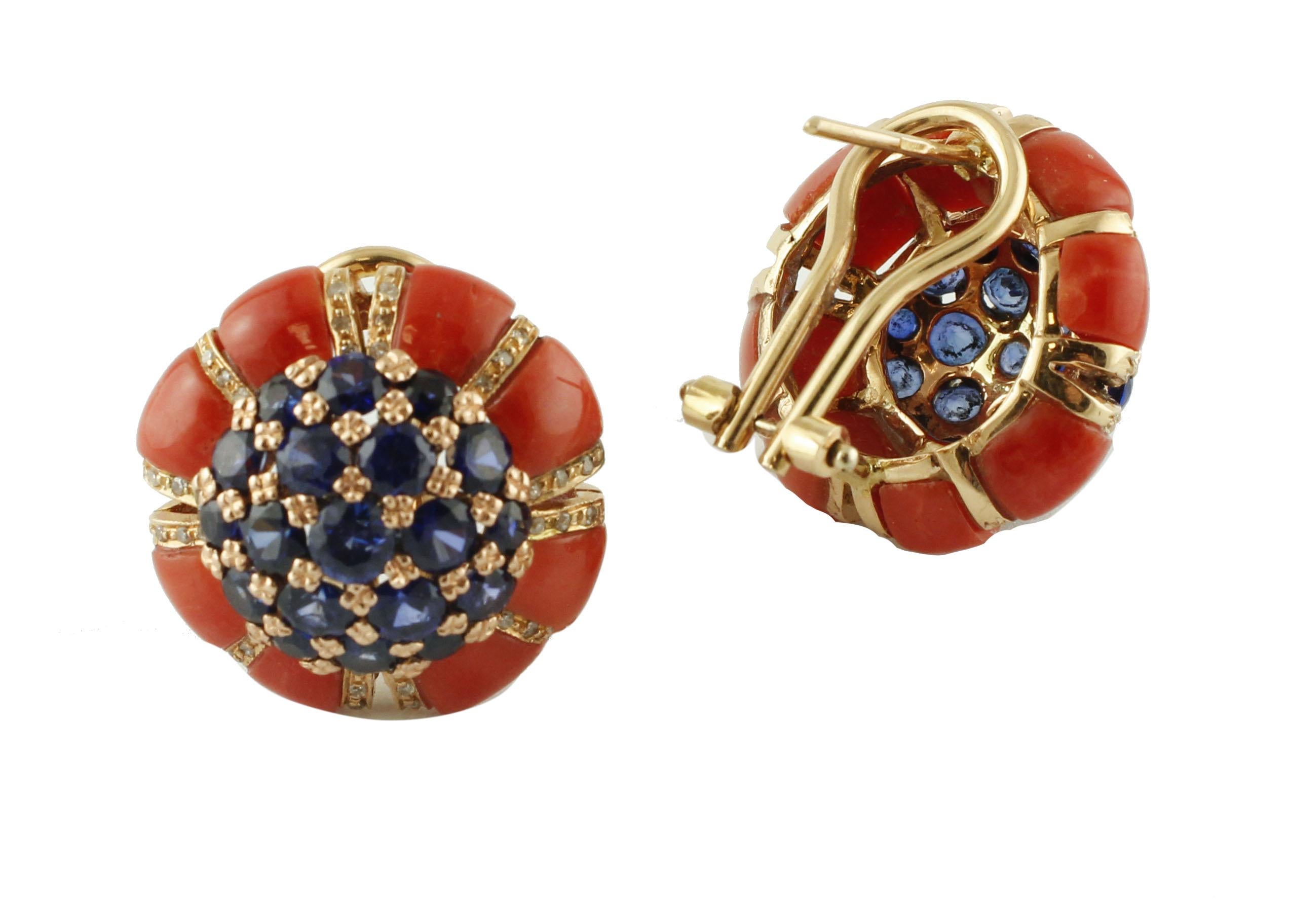 Intense Blue Sapphires, Corals, Diamonds, Rose Gold Earrings In Excellent Condition In Marcianise, Marcianise (CE)