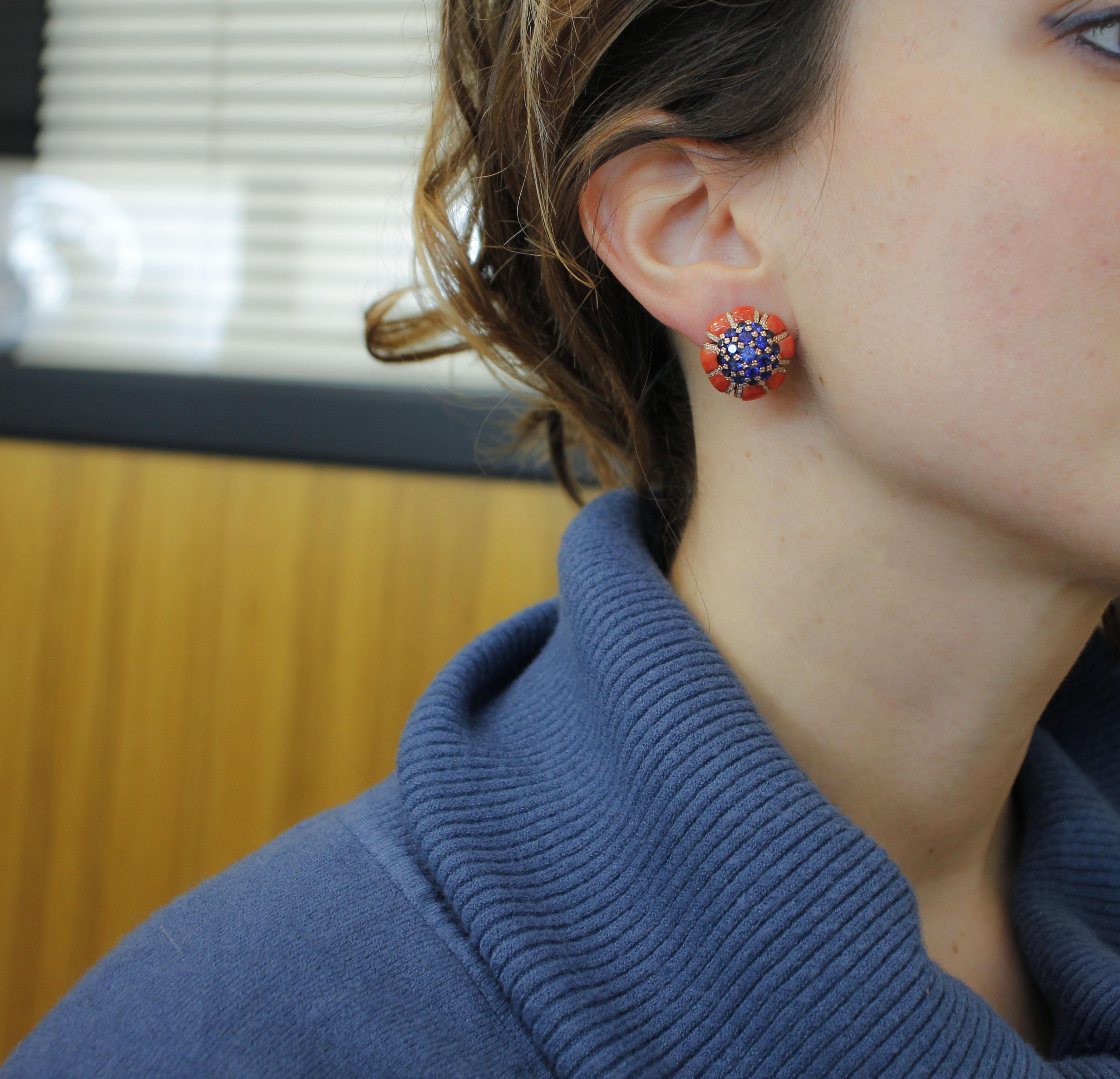 Women's Intense Blue Sapphires, Corals, Diamonds, Rose Gold Earrings