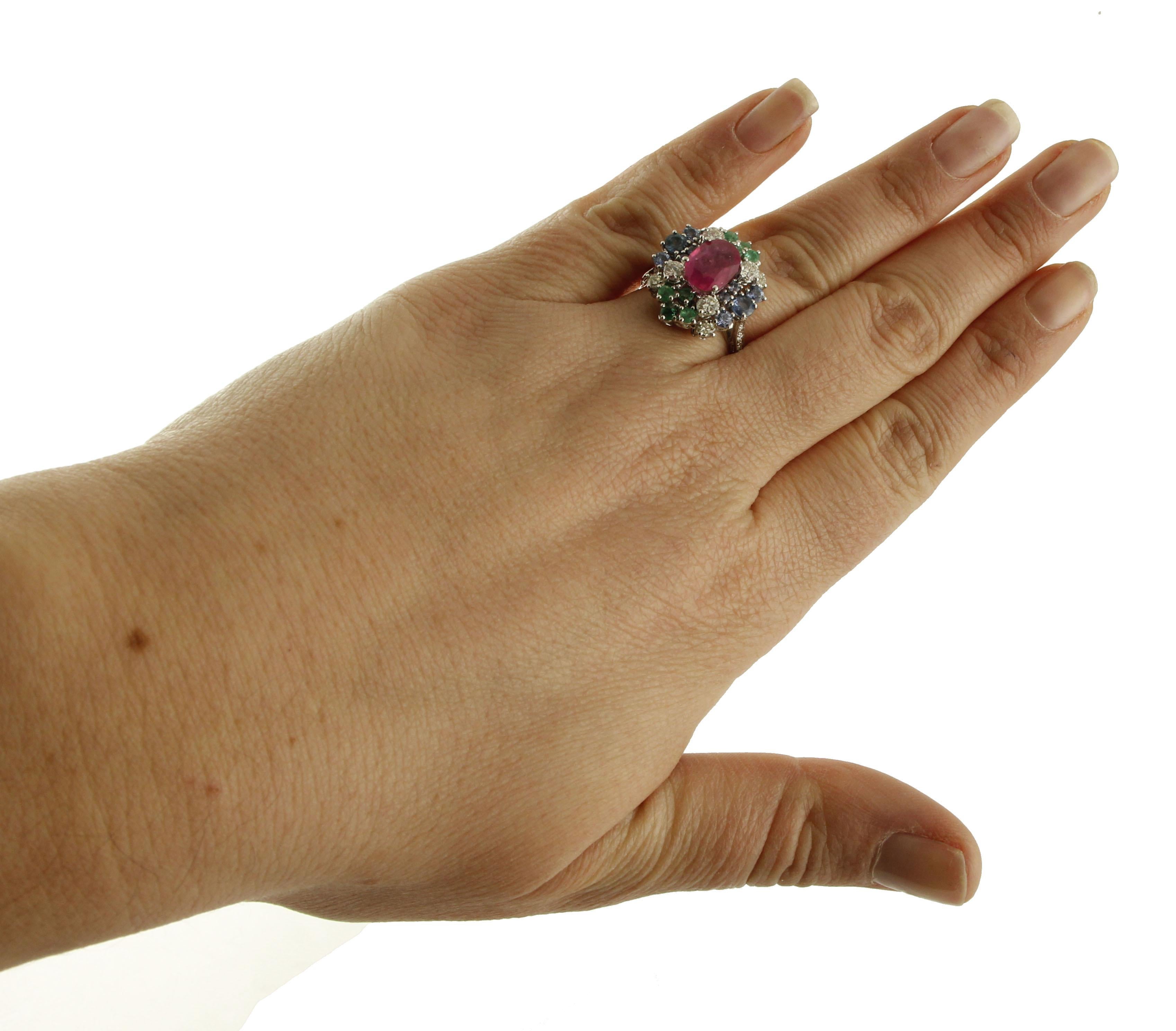 Retro Intense Central Ruby, Diamonds, Emeralds, Blue Sapphires White Gold Cluster Ring